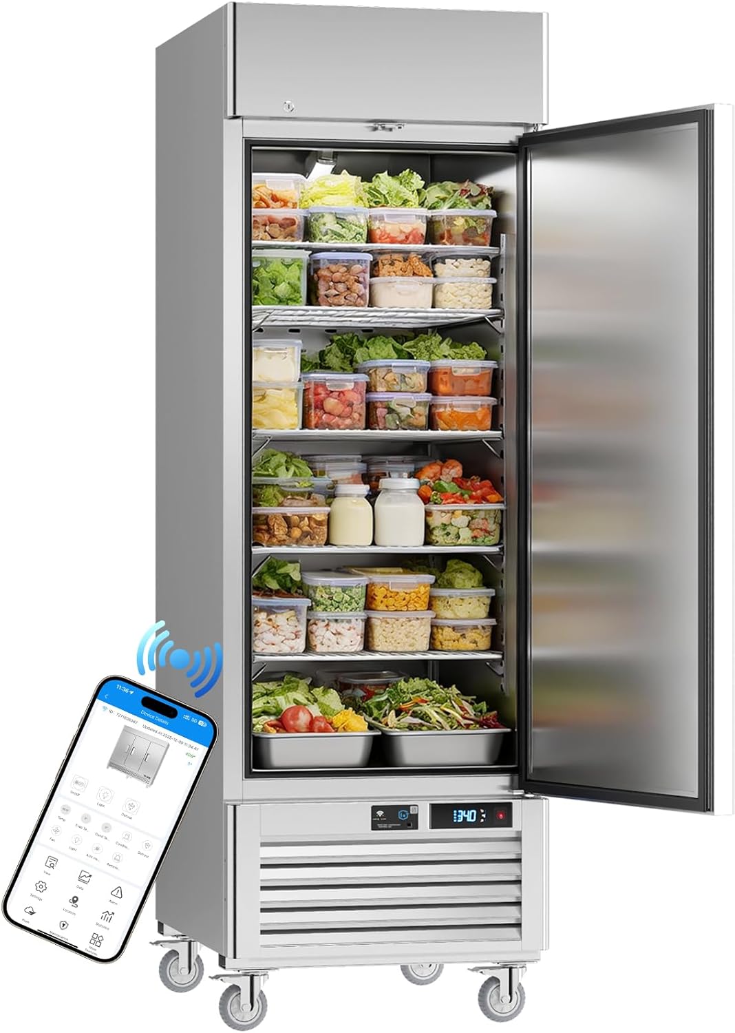 VEECOOL Commercial Refrigerators Upright WiFi Enabled, 27" One Section Solid Door Reach in Refrigerator with Right-Hinged Door, 23 cu.ft. Capacity, Stainless Steel, Fan Cooling, ETL&ETL Sanitation
