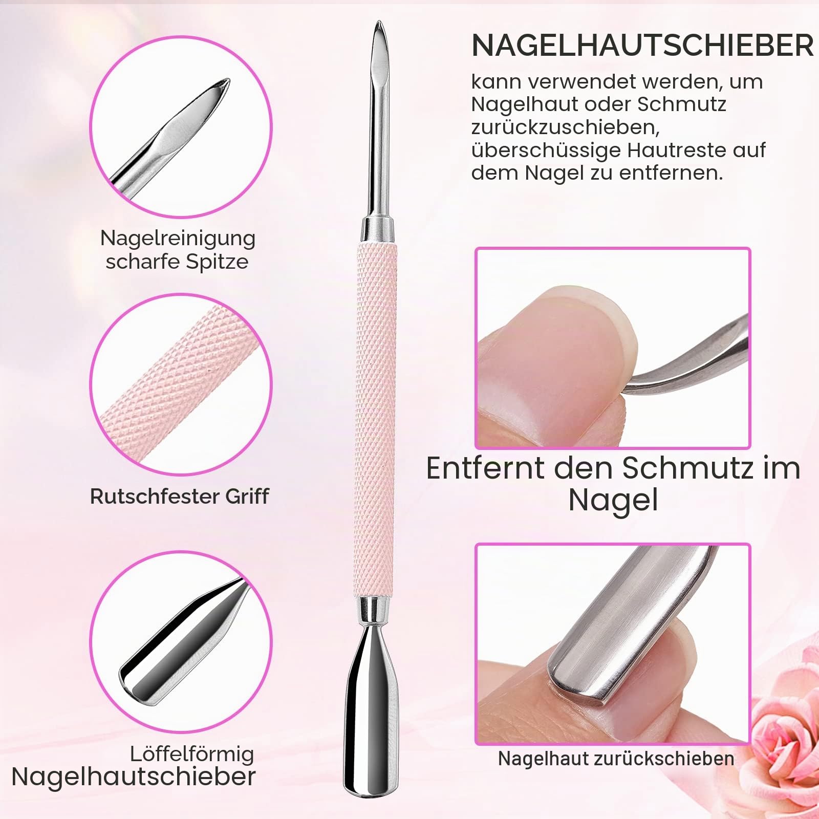 Makartt Nagelhautzange mit nagelhautentferner - 3 Pcs Rosa Cuticle Remover Tool, Professionelle nagelhautschere set mit Edelstahl-Nagelhaut Trimmer, Doppelend Nagelhautschieber und Nagelschaber