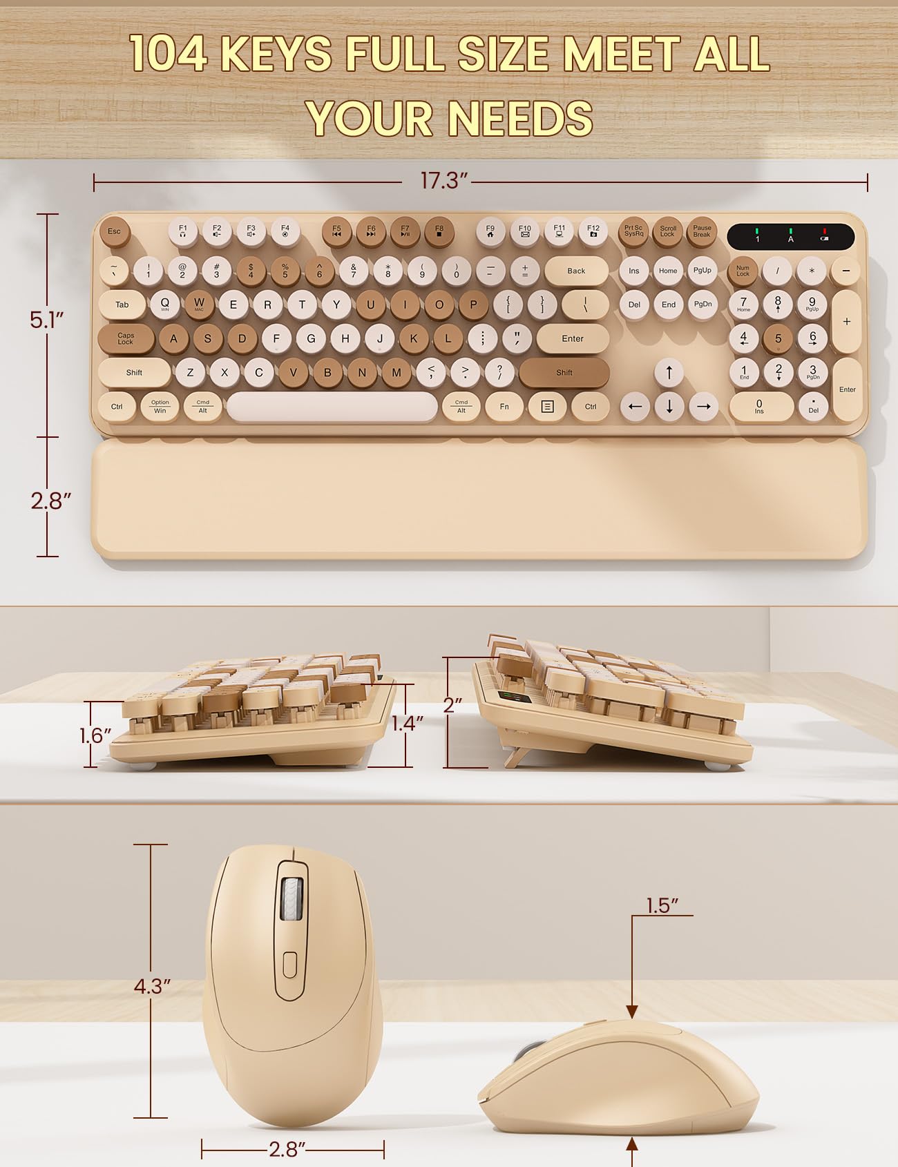 Tastiera wireless e mouse combinata, graziosa tastiera per macchina da scrivere con poggiapolsi staccabile, tasti rotondi retrò, gambe pieghevoli, tastiera full-size da 2,4 GHz per PC, laptop, Mac,