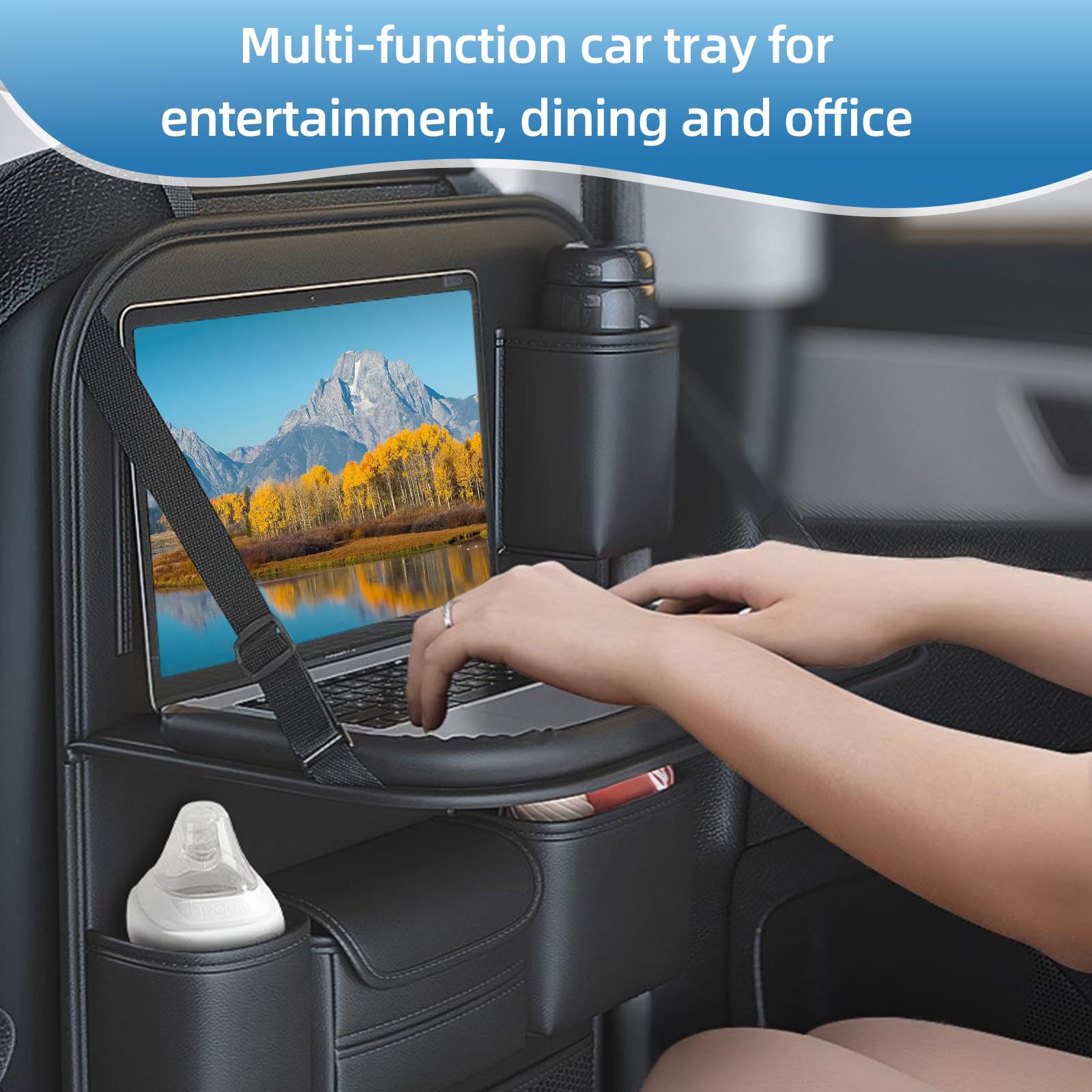 Primst Paquete de 2 organizadores de cuero para asiento trasero de coche con bandeja de mesa plegable, protectores de respaldo de asiento de coche, organizador plegable para asiento de coche con