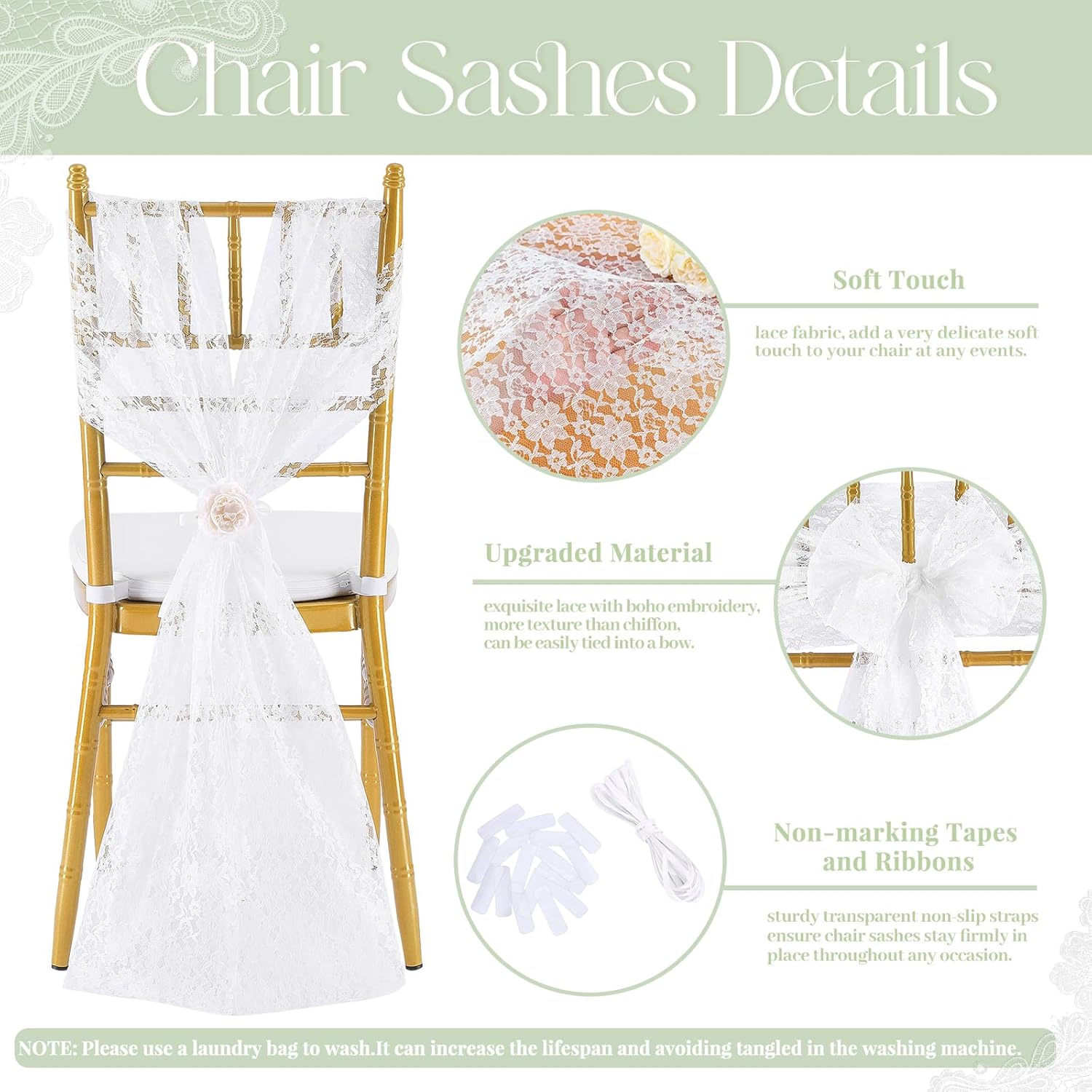 Fanqisi 32 Pack White Chair Sashes: 8ft Lace Chair Cover Wedding Aisle Decorations Vintage Embroidered Chair Bows for Party Reception Dinning Decor 9.5 x 94.5 inch