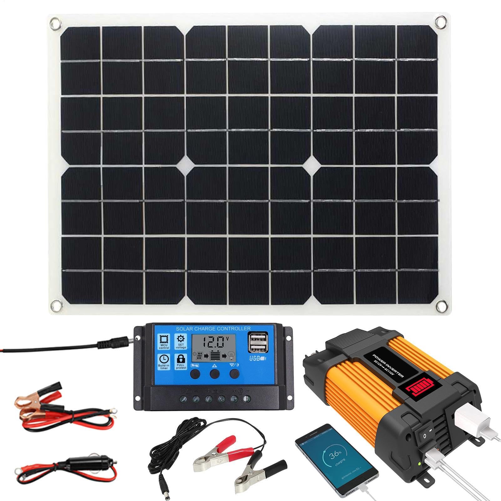 Generisch Multifunktions-Solar-Power-Kit, 12V flexible monokristalline | Solarmodule -Kit | 30A Ladungscontroller 500W Solar -Wechselrichter für Zuhause, Wohnmobil, Anhänger