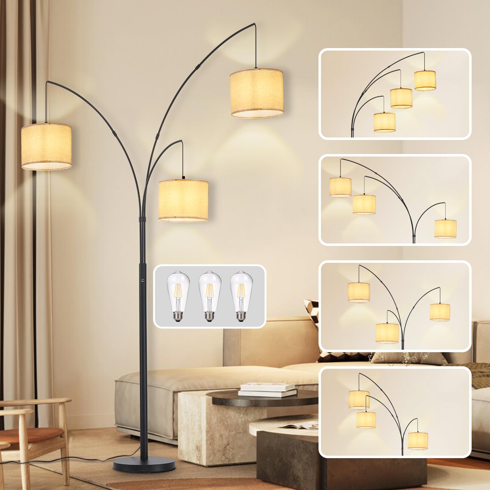 DLLT Modern Floor Lamp for Room: 3-Light Black Tree Floor Lamps with Beige Shades for Bedroom - Arc Standing Lamp for Living Room - Tall Floor Lamp for Office Corner 3 LED Bulbs Included