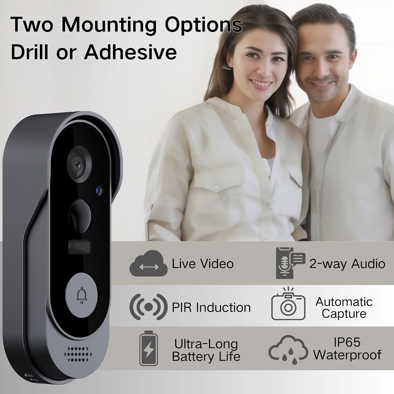 Video Doorbell with Camera and Chime, 2-Way Audio, Outdoor Security, Instant Alert, Human Detection, Battery Powered, Night Vision, SD/Cloud Storage, No Subscription
