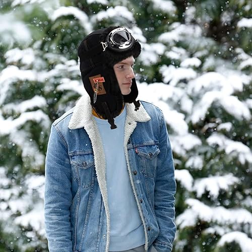 Vista 2 de Peicees Sombrero de aviador con gafas, disfraz para adultos y niños, sombrero de piloto vintage para hombres y mujeres, sombrero de trampero