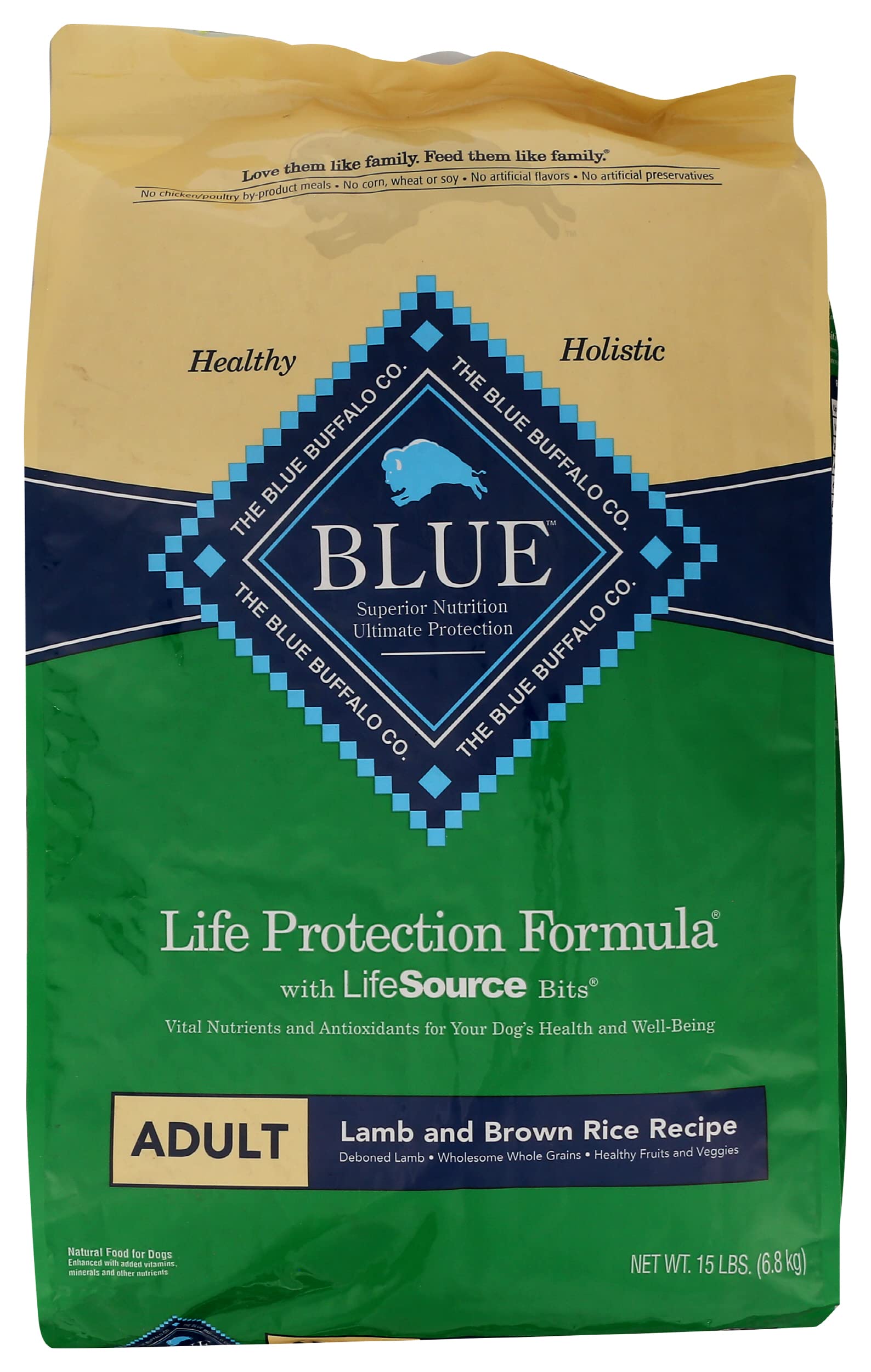 Blue Buffalo Life Protection Adult Dry Dog Food, Lamb &amp; Brown Rice Recipe, Natural, Meat First Ingredient, 15 Pound (Pack of 1)