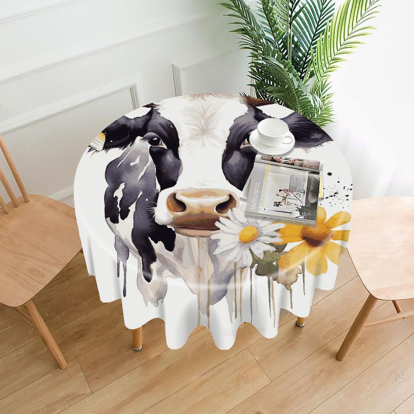 FekiLoot Watercolor Cow and Daisy Flower Round Tablecloth Cover 60 Inch Wrinkle Free Washable Polyester Fabric Table Cover Decorative Round Table Cloth for Home Dining Kitchen Party Farmhouse