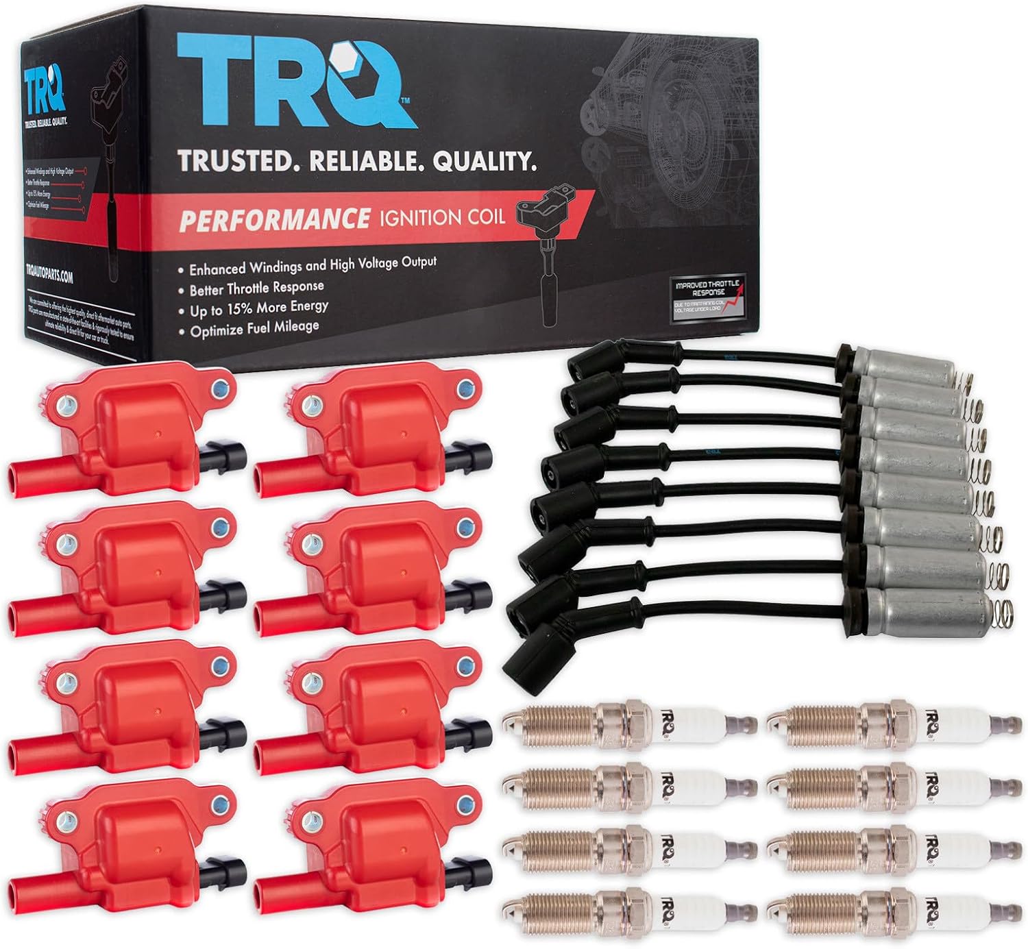 TRQ Ignition Coil and Spark Plug Kit 17 Piece Iridium Spark Plugs Compatible with 2015-2021 Chevrolet Silverado 1500 Tahoe GMC Sierra 1500 2017-2021 Cadillac Escalade