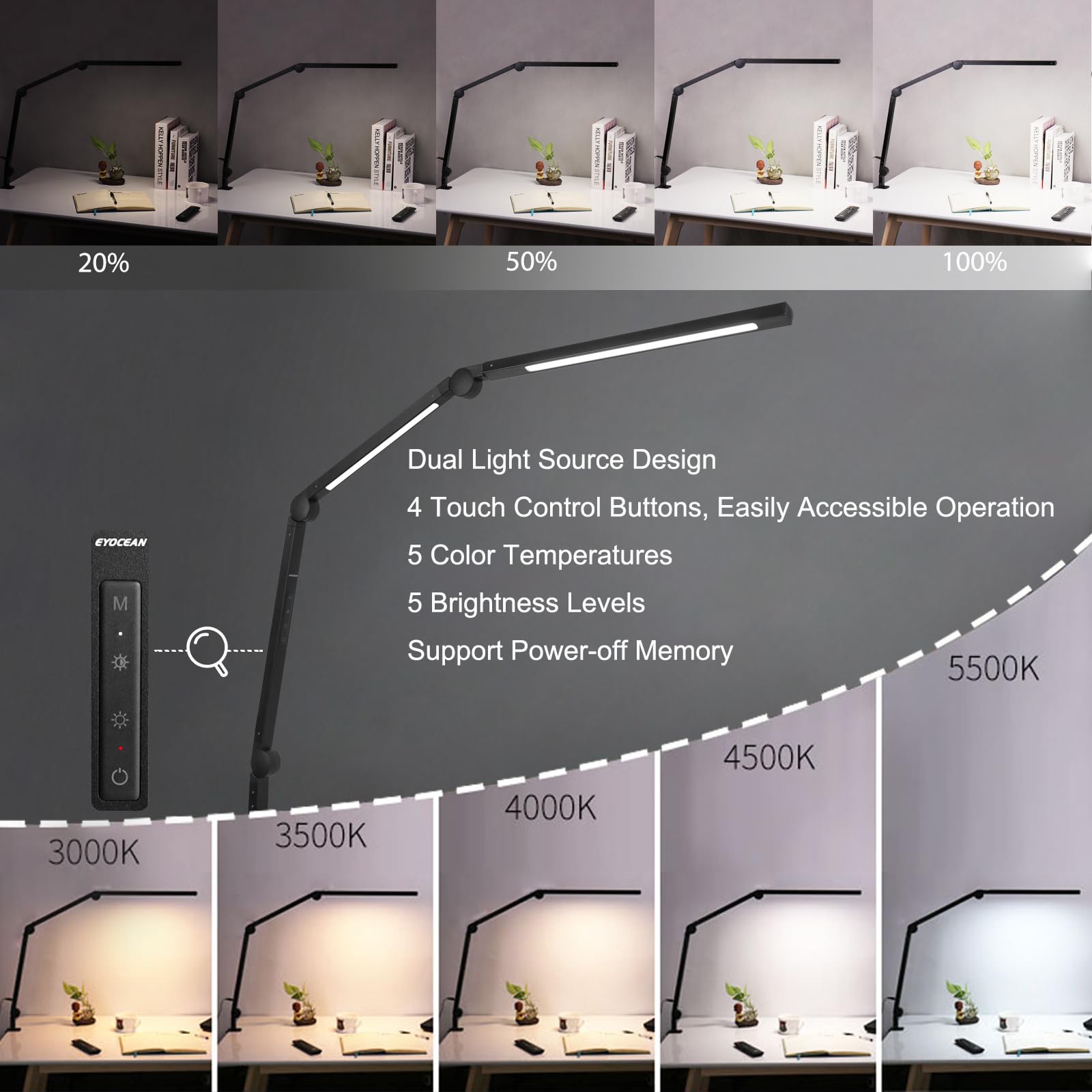 EYOCEAN 1100lm Lampada da Scrivania LED a Braccio Oscillante Flessibile, con Morsetto, per Ufficio, Tavolo, Casa, Alta Qualità