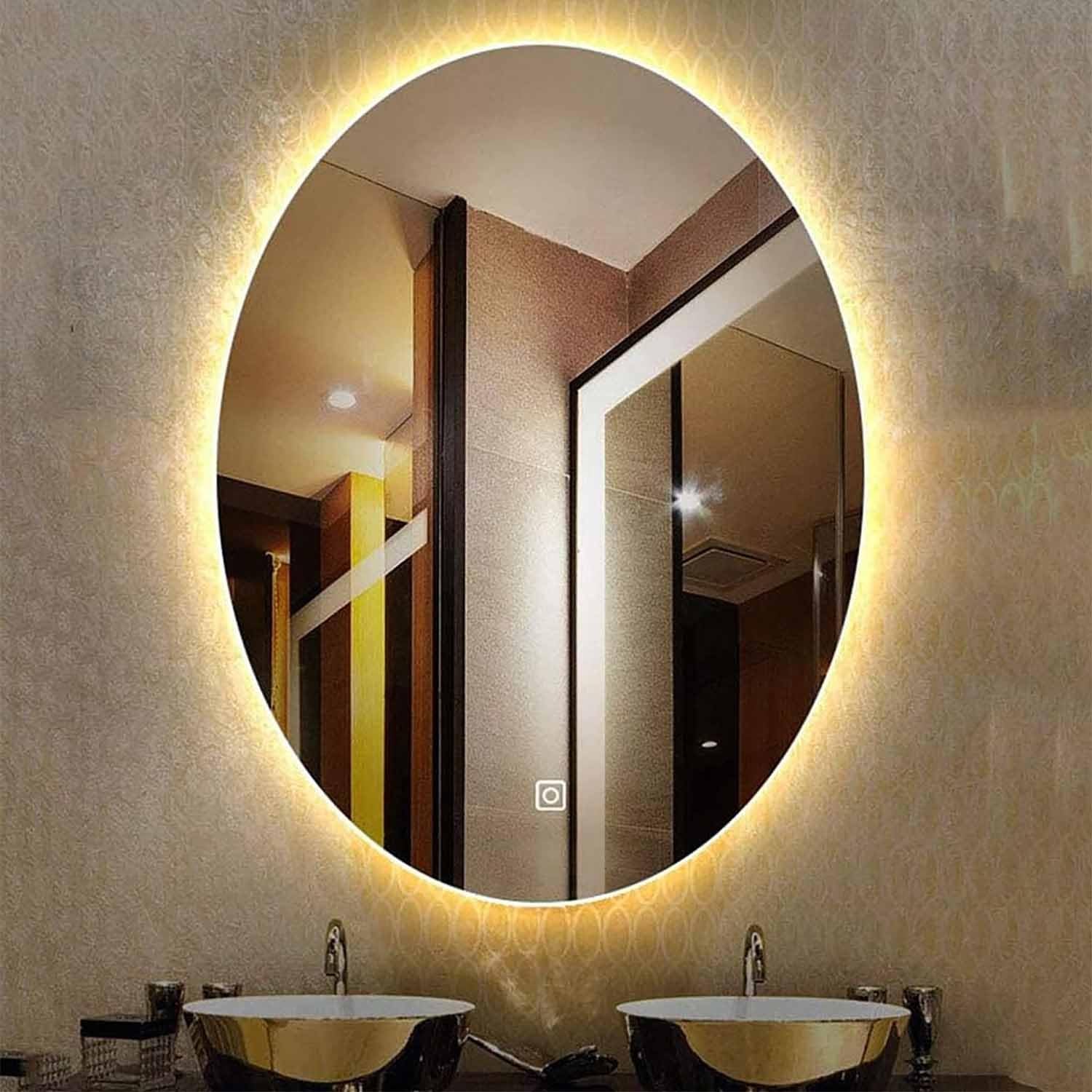 FGXHHS 3 Colors LED Bathroom Vanity Mirror 32"x24" Fogless Washroom Oval with Dimmable Illuminated Backlit Home Wall Decor Touch Button(Frameless,70x50cm/28x20in)