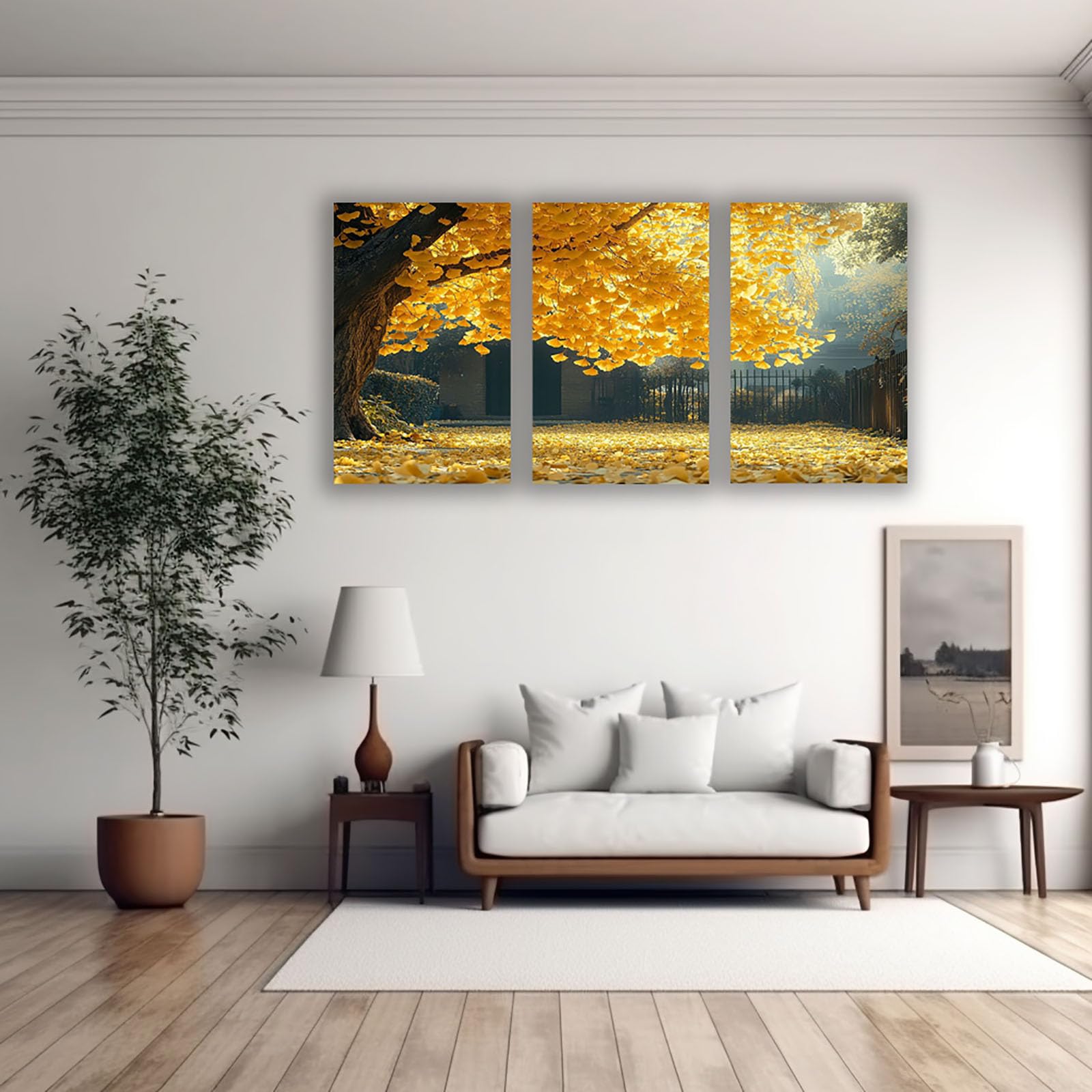 WIKEO Lot de 3 posters Arbre de vie Impression sur Toile Œuvres modernes de l’arbre doré Affiche- Moderne Abstrait Image Tableau -Decoration Murale Salon -Chambre -bureau(Jaune)-40x60cmx3 Encadrée