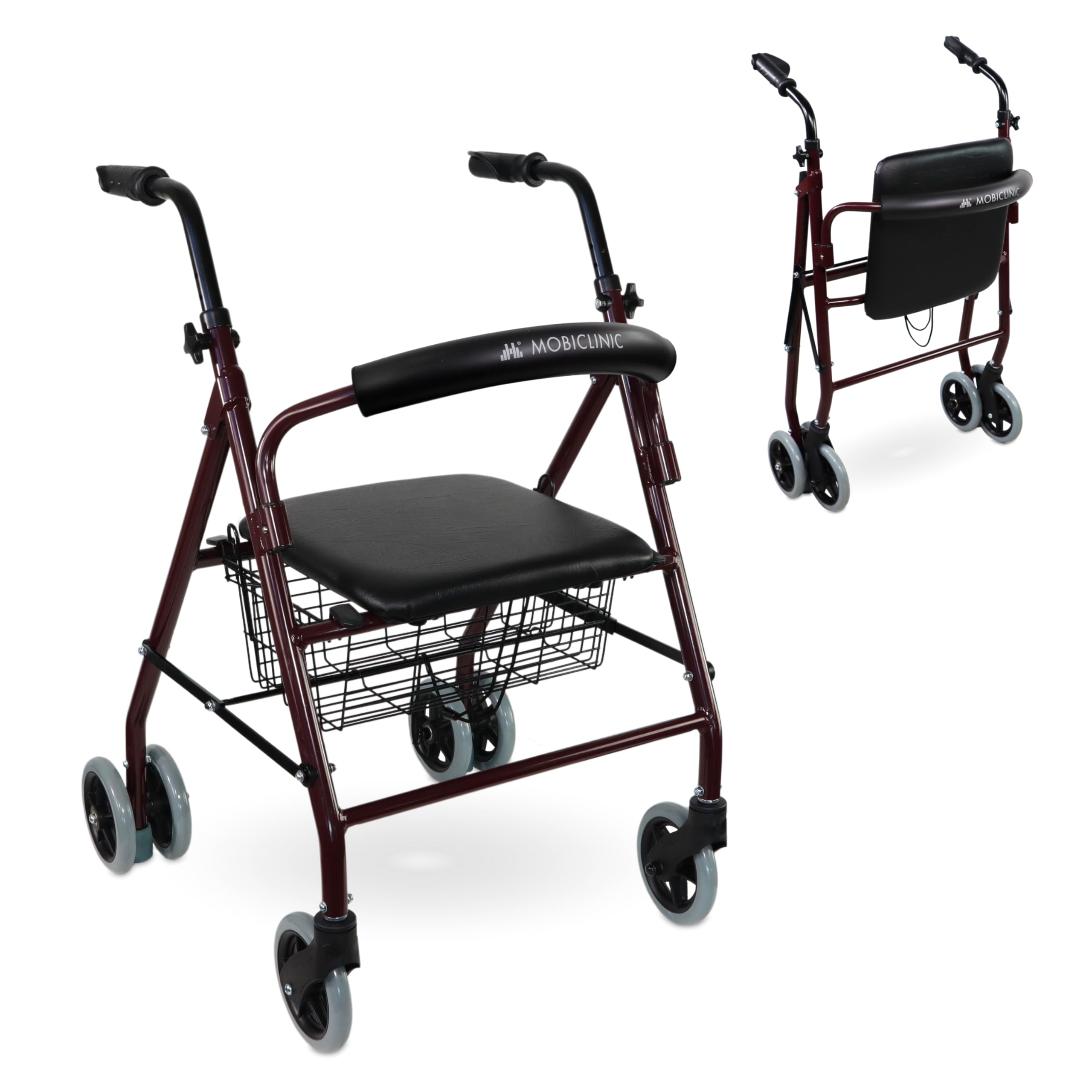 Mobiclinic®, Andador Plegable, Ligero, Rollator, Prado, Frenos por Presión, con Asiento, Cesta y 4 Ruedas, Aluminio, Burdeos