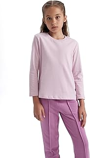 تيشرت مدرسي من القطن الممشط بأكمام طويلة ورقبة دائرية ضيقة للبنات، لون أبيض، من ديفاكتو