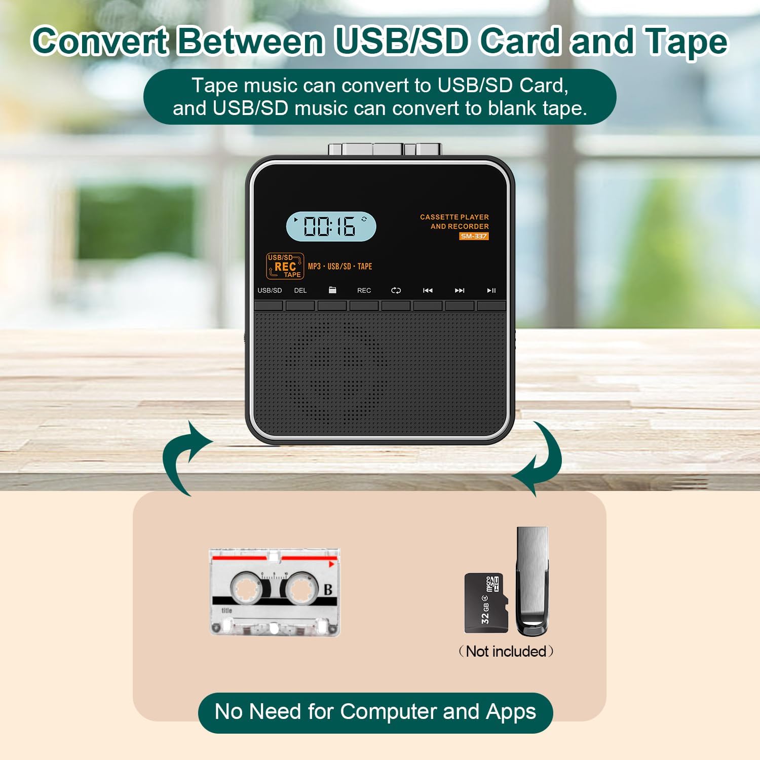 Cassette Tape Player Recorder, Cassette to MP3 Converter, Record to Cassettes/USB/SD Card, LCD Display, Power by USB C or AA Battery, Built-in Speaker, Headphone Jack and Mic