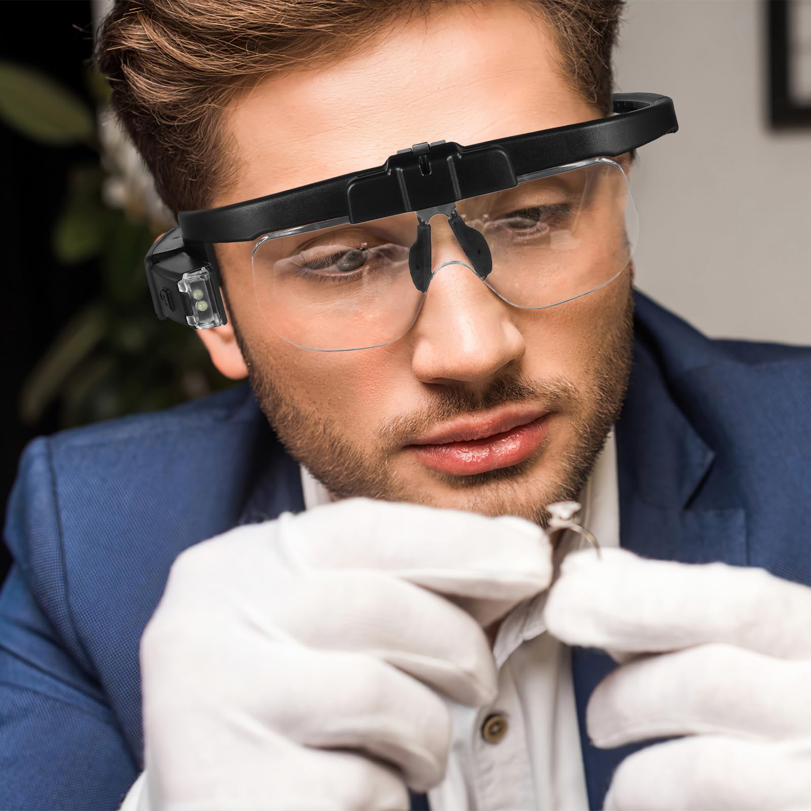 Lupa Iluminada con Luz LED y Carga USB, Gafas de Seguridad Manos Libres en Abs y Acrílico para Lectura y Trabajos Detallados