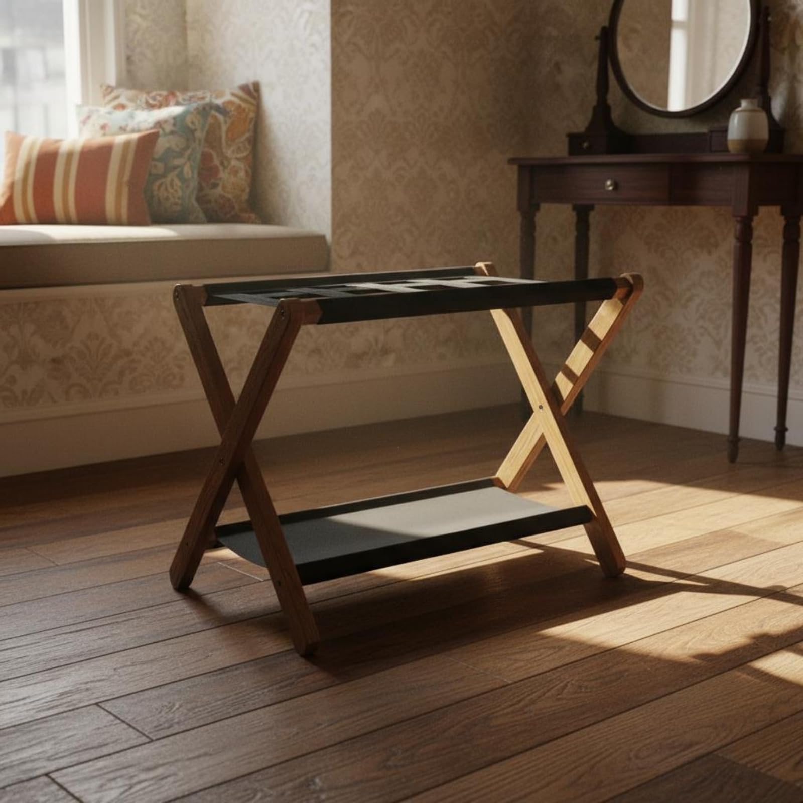 Portavaligia Pieghevole in Legno con Ripiano Supporto Valigie Rastrelliera Bagagli Mensola Bagagli Doppio Ripiano per Bagagli E Accessori Telaio in