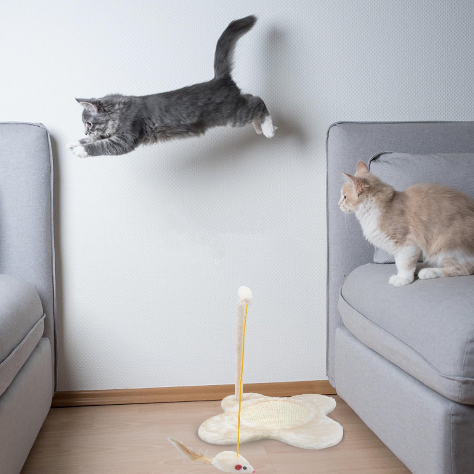 Blumenförmiges Katzen Kratzbrett aus Plüsch mit Hängender Spielzeugmaus für Indoor Katzen Fördert Bewegung und Bietet Eleganten Kratzspaß