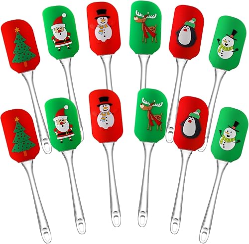 Layhit 12 espátulas de silicona de Navidad con patrón de decoración de Navidad con mango de plástico, utensilios de cocina de Navidad, lindo