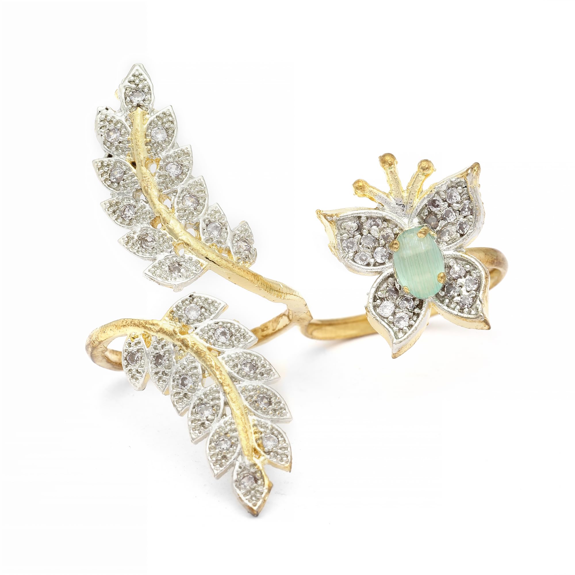 ZENEME Gold-Plated American Diamond Studded Butterfly & Leaf Shaped Adjustable Double Finger Ring For Girls and Women (Sea Green & White) (B0CGLWLCH6) Amazon Price History, Amazon Price Tracker