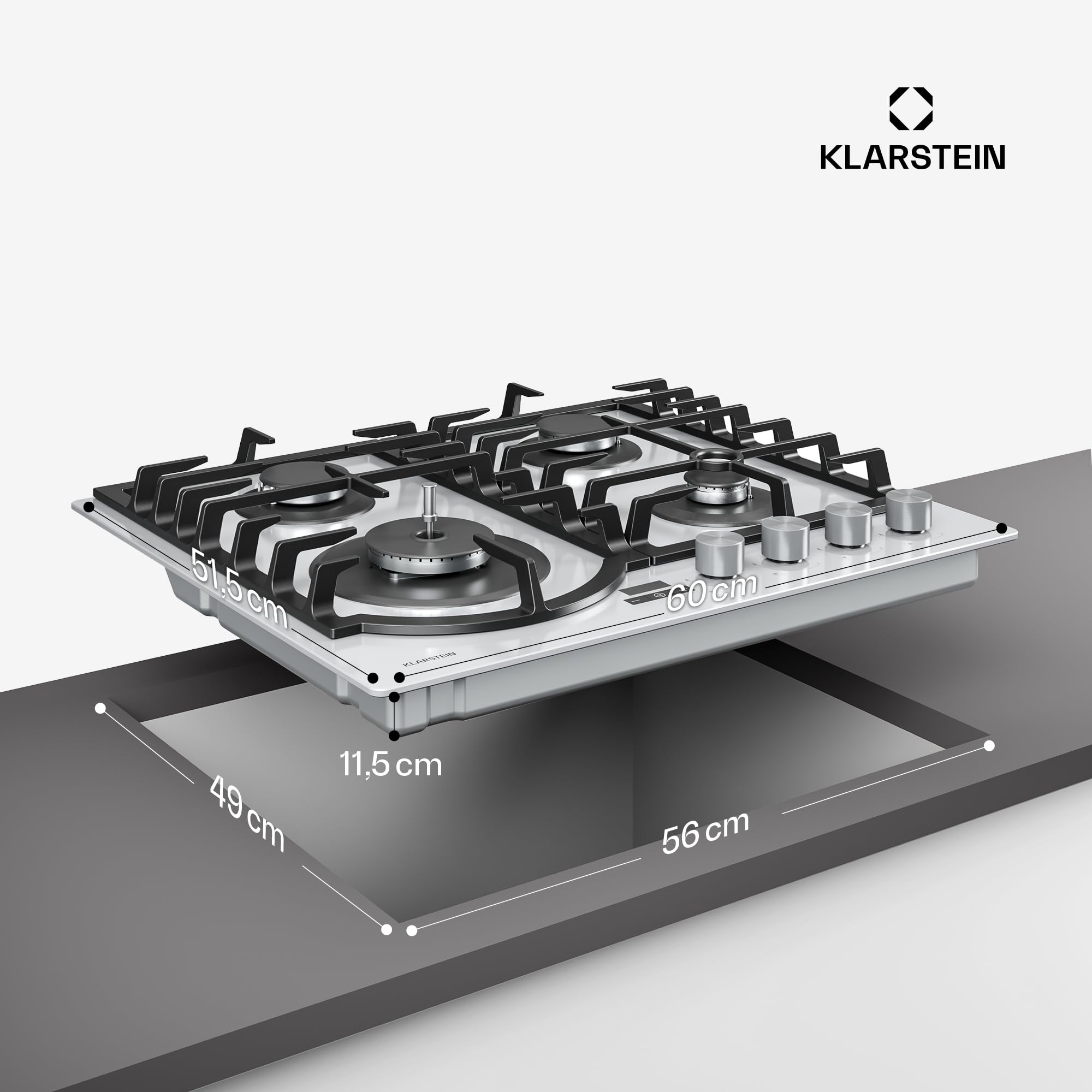 Klarstein Ignito Plaque de Cuisson Gaz, 4 Brûleurs Aluminium, 8000W, Minuterie, Sécurité Flamme, Fonte, Allumage Électrique, 60x51cm, Plaque Gaz GPL & Naturel, Blanc