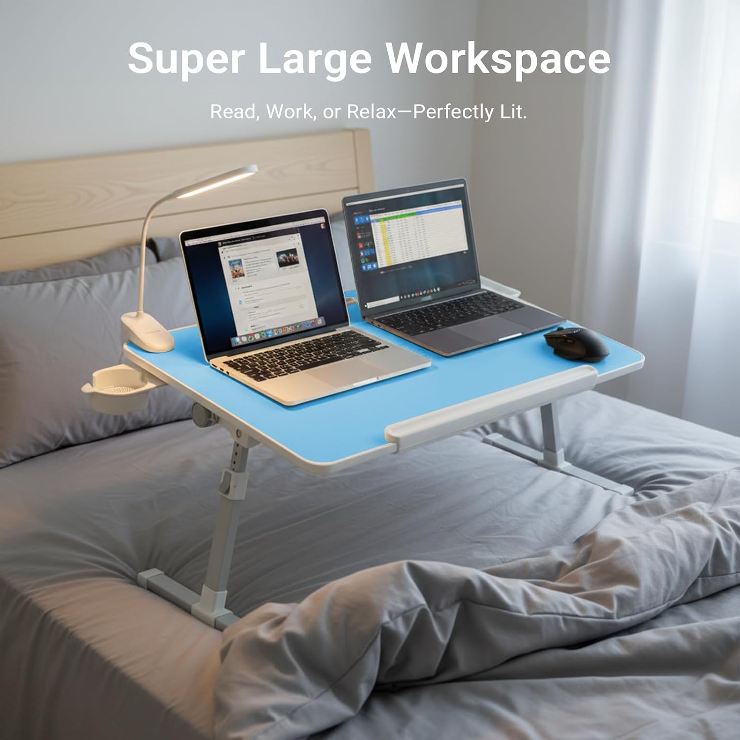 iXTRA Laptop Lap Desk with Cooling Fan - Adjustable Bed Desk with Light, Bed Table with Cup Holder&Phone Holder - Storage Drawer Desk - Folding Bed Desk,Blue,70x45cm