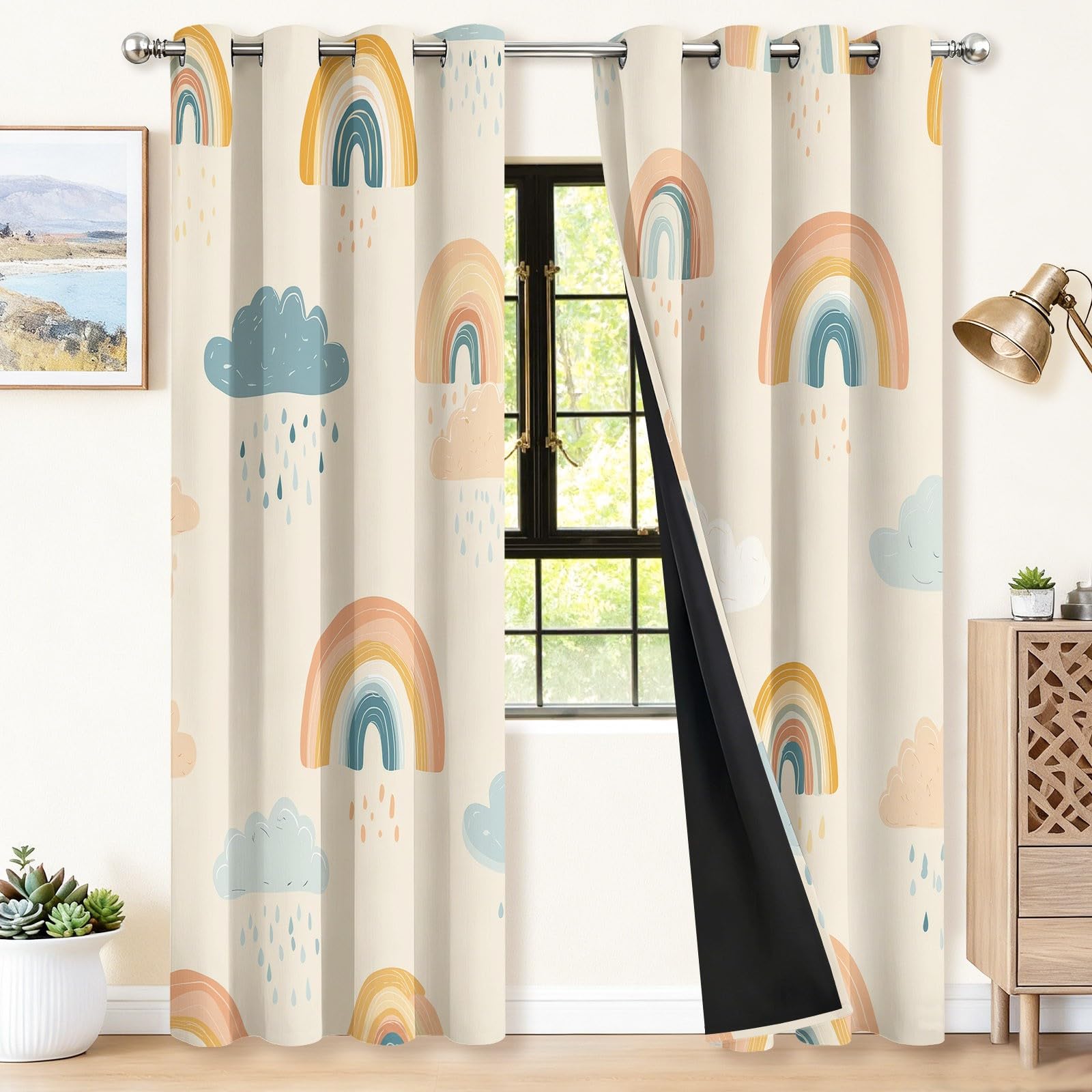 Rideau Occultant Bohême Nuages Lignes Motif Rideaux Thermiques à Oeillets, Rose Tenture Opaque Rideaux Imprimé pour Salon Chambre Enfant Moderne Décoration, 117L X 183H cm (2 Panneaux)