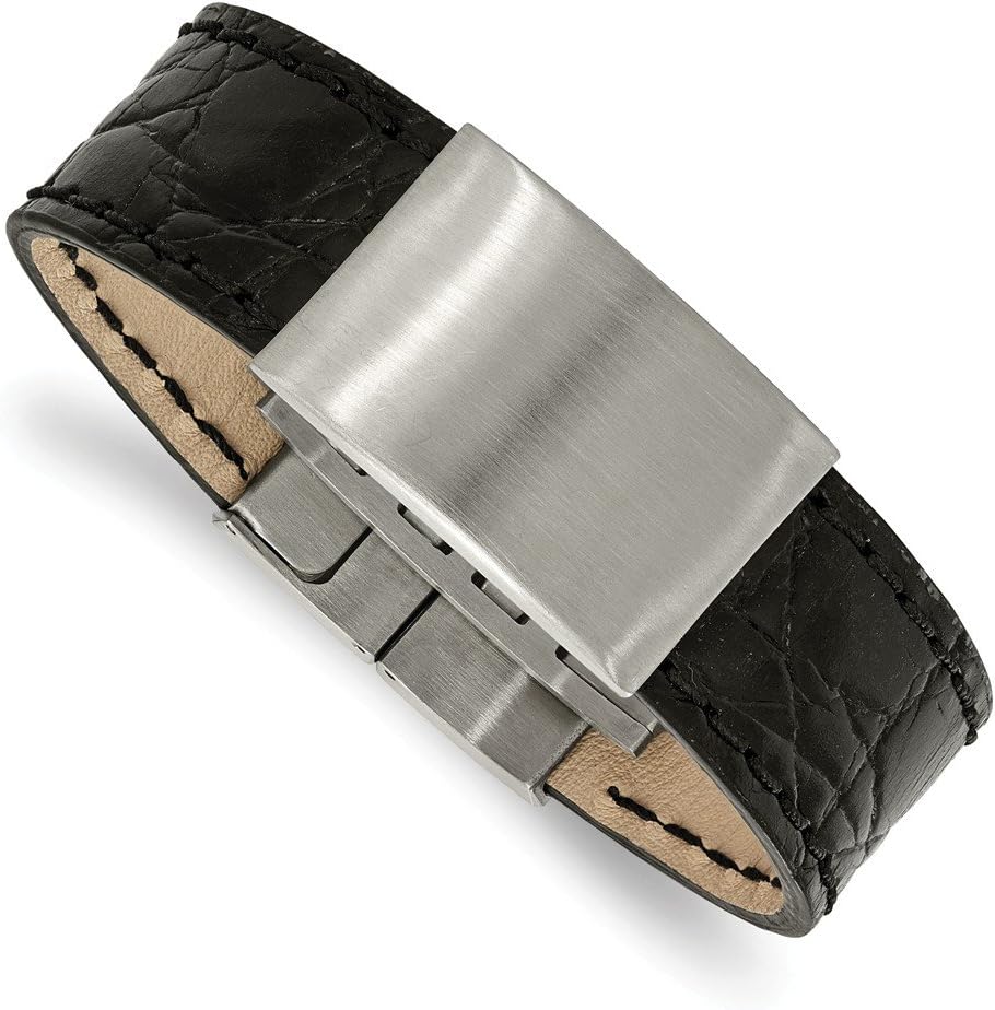 Stainless Steel Brushed Black Leather ID Bracelet (23.4mm)