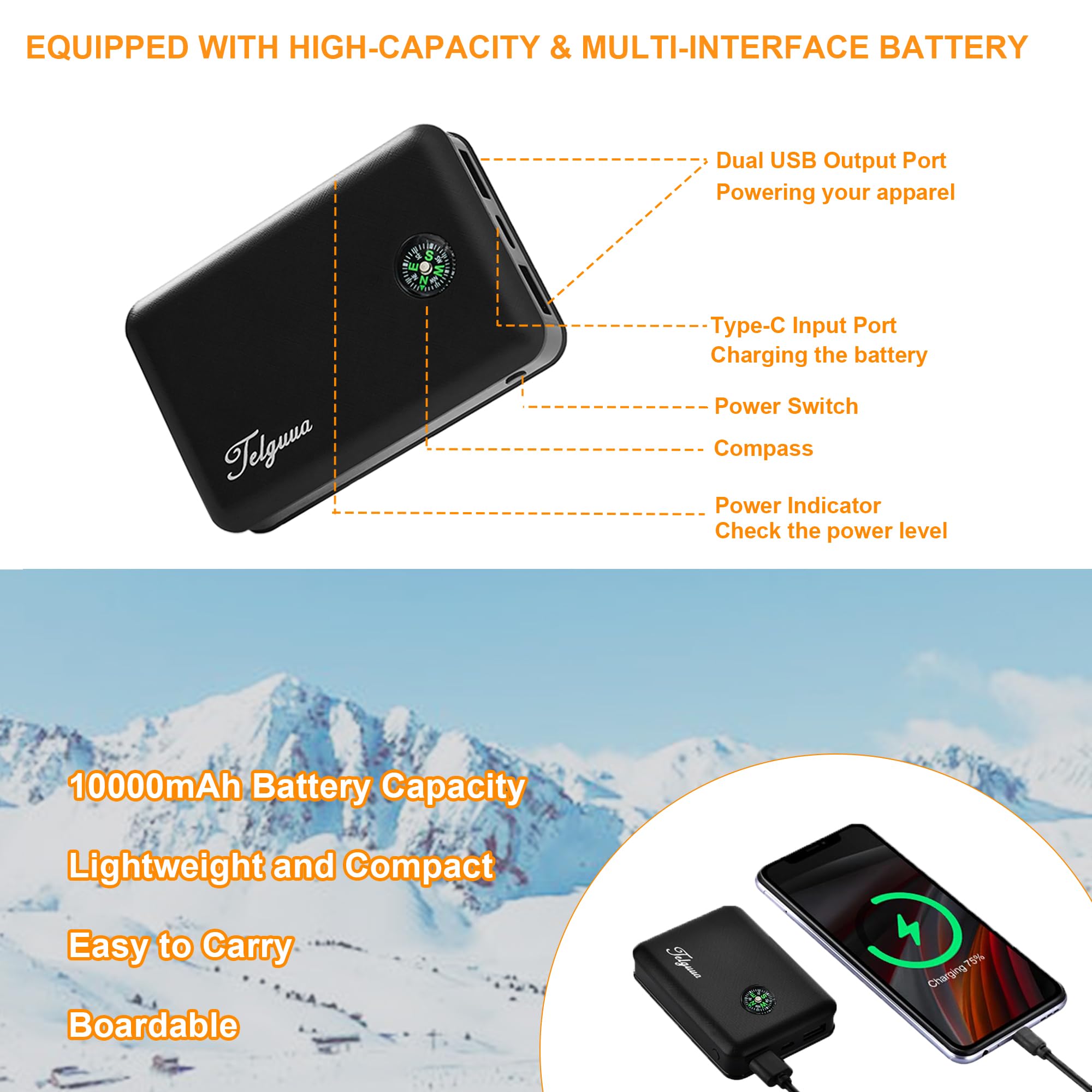 Telguua Giacche riscaldabili da uomo invernali giacca riscaldata elettrica carica cappotto riscaldante caldo ricaricabile e batteria da 14400 mAh per sci, moto, escursionismo