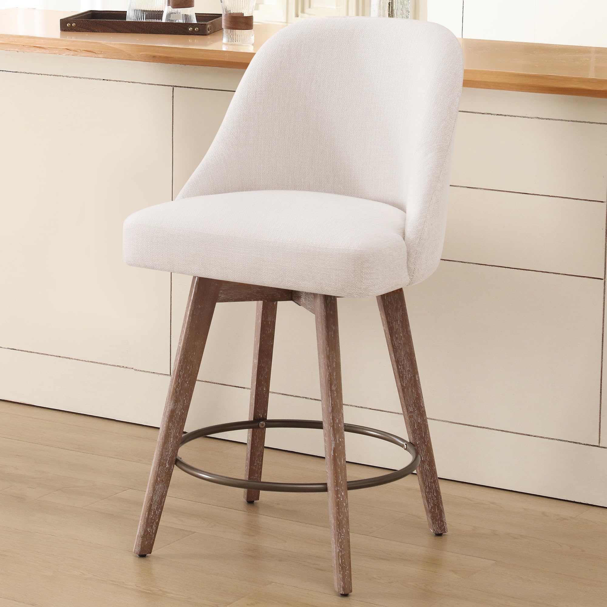 Bekrvio Counter Height Bar Stool, Mid-Century Modern Swivel Barstools with Back and Wood Legs, Linen Fabric Upholstered Chairs 65CM Seat Height Counter Stools (Linen Off White, 1PCS)