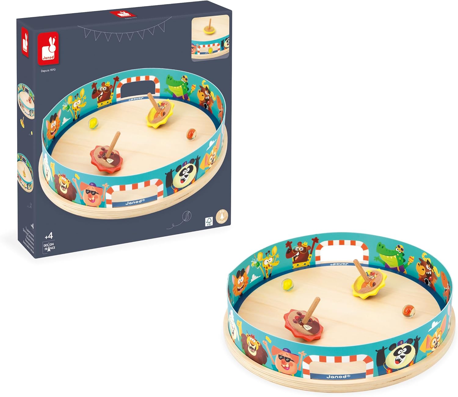Janod Applepop Spinning Top Arena Carnival Game - 5 Piece Set - 2 Players - Ages 4-8 - J03355