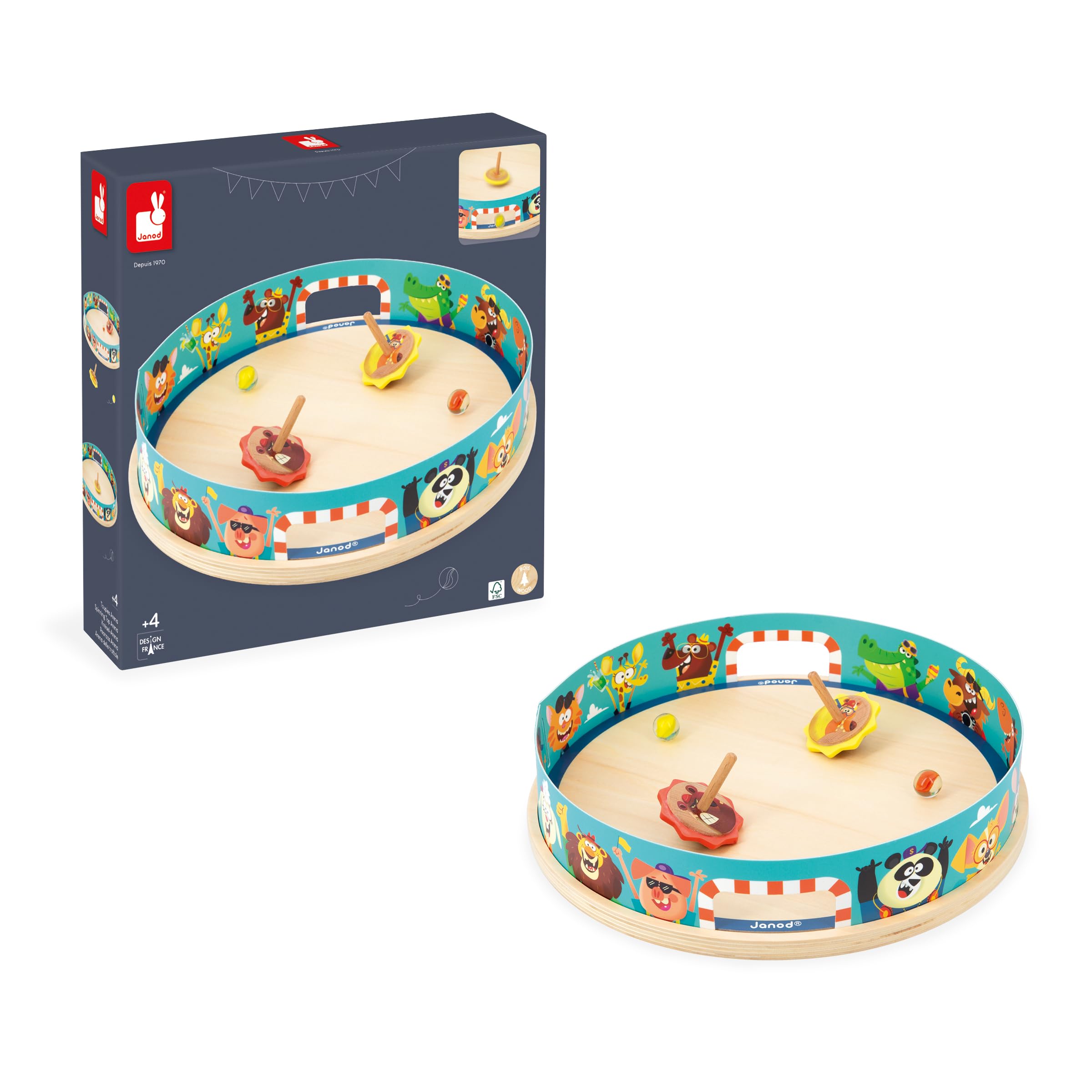 Janod - Toupies Arena Applepop - Jeu d'Adresse pour Enfants - 1 Arène + 2 Toupies avec Lanceurs + 2 Billes en Verre - Développe la Dextérité - Jouet en Bois FSC - Dès 4 Ans,J03355