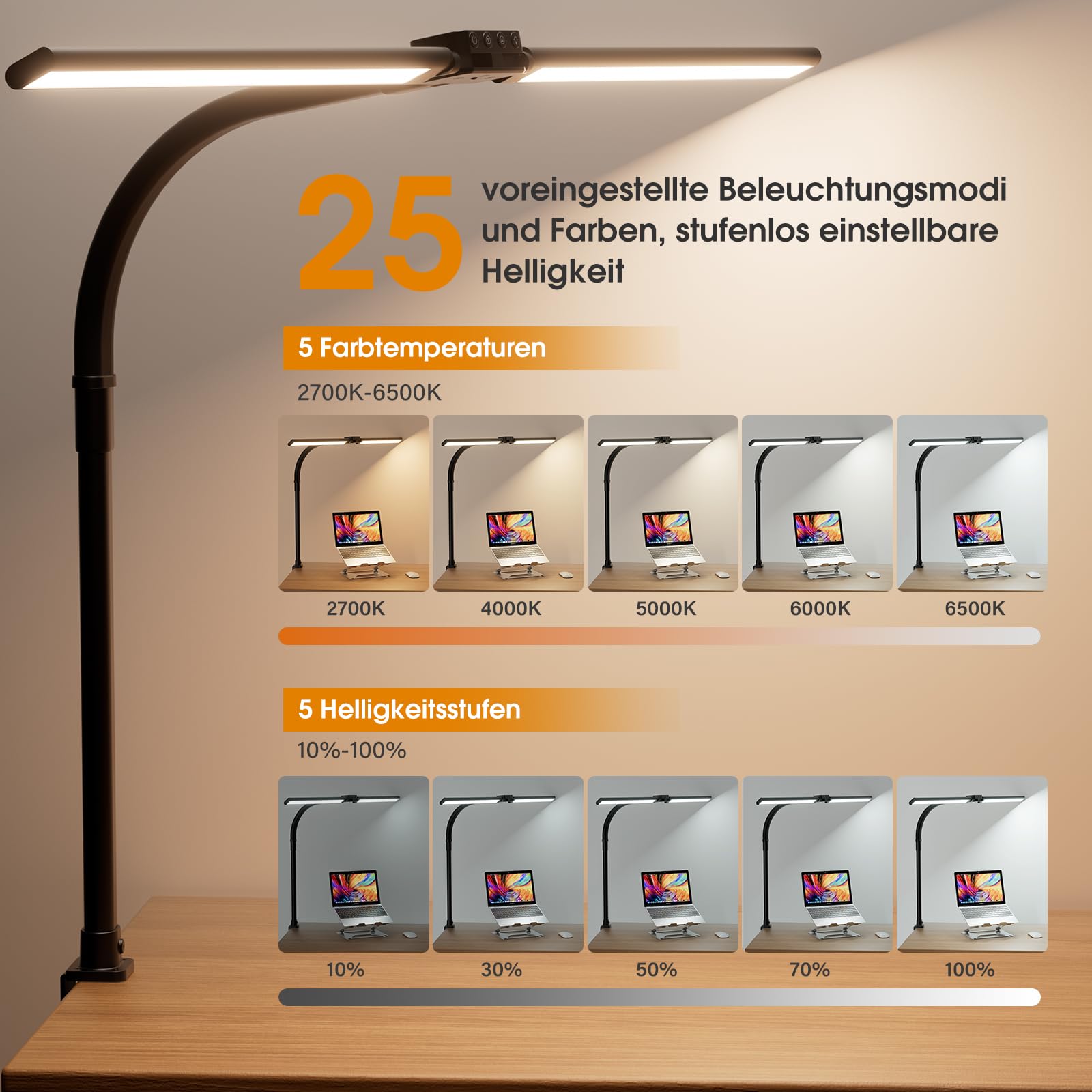 SIBRILLE Lampada Da Scrivania, Lampada Da Architetto Ruotabile Per Ufficio, Luce Da Scrivania Per Computer Luminosa E Dimmerabile, Lampada Da Scrivania Regolabile Con Collo D'oca (Nero)