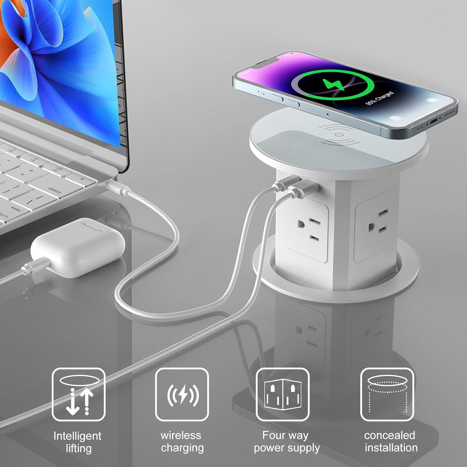 Aluminum Pop Up Outlet with 15W Wireless Charger, 4 AC Outlets & 2 PD 20W USB Fast Charging, 3.93" Desk Wire Hole Insert, Pop Up Countertop Outlet for Home Office Kitchen (White)