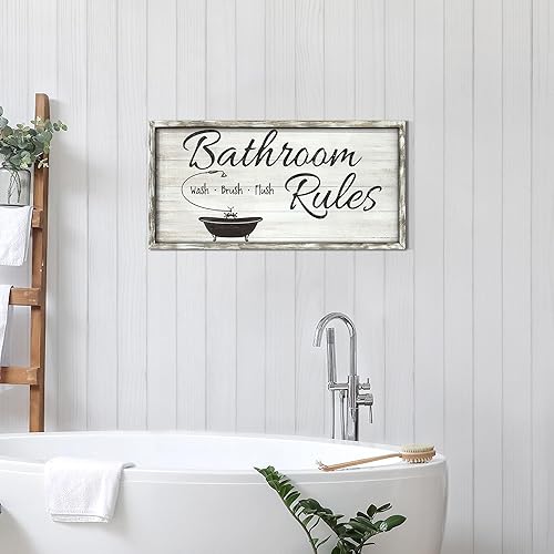 Miniatura 4 de Reglas de baño enmarcadas Arte de pared divertido baño diciendo imagen de madera con citas de inodoro, pintura, obra de arte, baño, bañera,