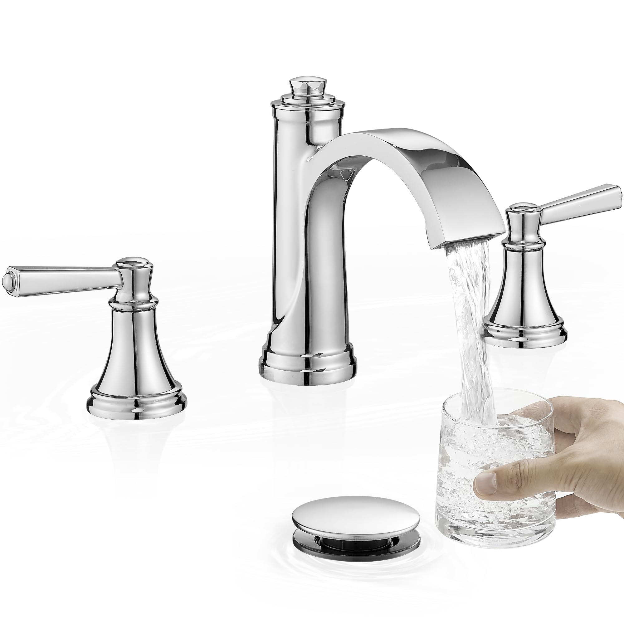 Rubinetto da bagno a cascata cromato a 3 fori, in ottone, interasse 4-16 pollici, con piletta a scomparsa, tubi di alimentazione cUPC e 2 maniglie per lavabo, bagno e toilette, installazione in 10 m