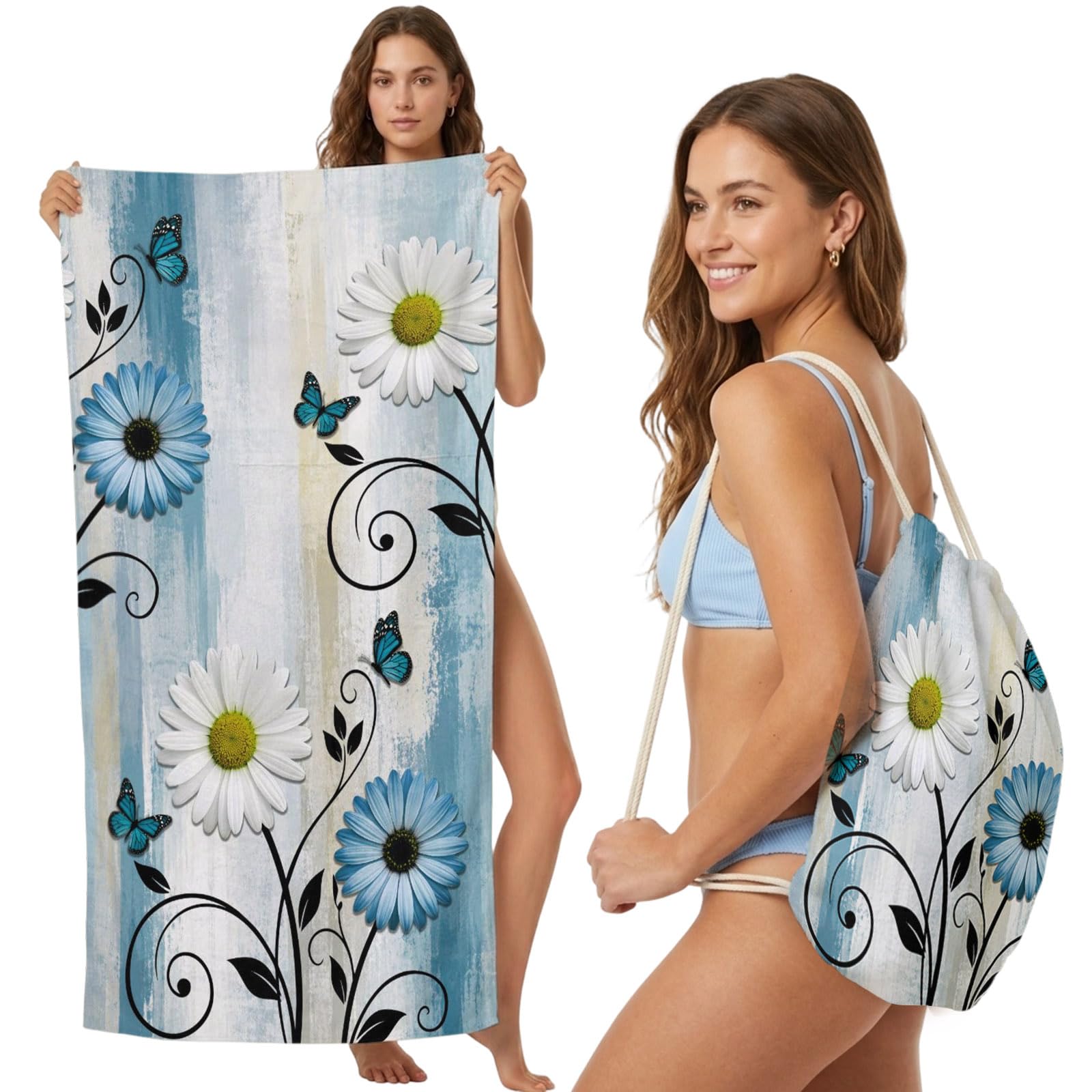 Beach Towel Bag 2 in 1 Teal Blue Daisy Flower Vines Bath Pool Towels Backpack Butterfly Blooms Absorbent Beach Towel Soft Quick Dry Lightweight Packable Towels Drawstring Bag for Travel Sports Yoga