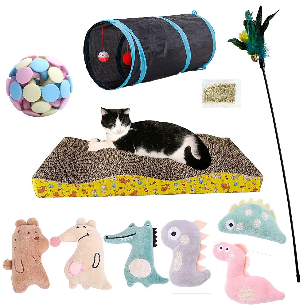 NeoStyle (10 Pcs) Interactive Cat Toys Set,Cat Scratcher+Cat Tunnel+Cat Feather Teaser Toys+Catnip Plush Toys+Cat Toy Ball With Bell,catnip toys for cats (10 piece set)
