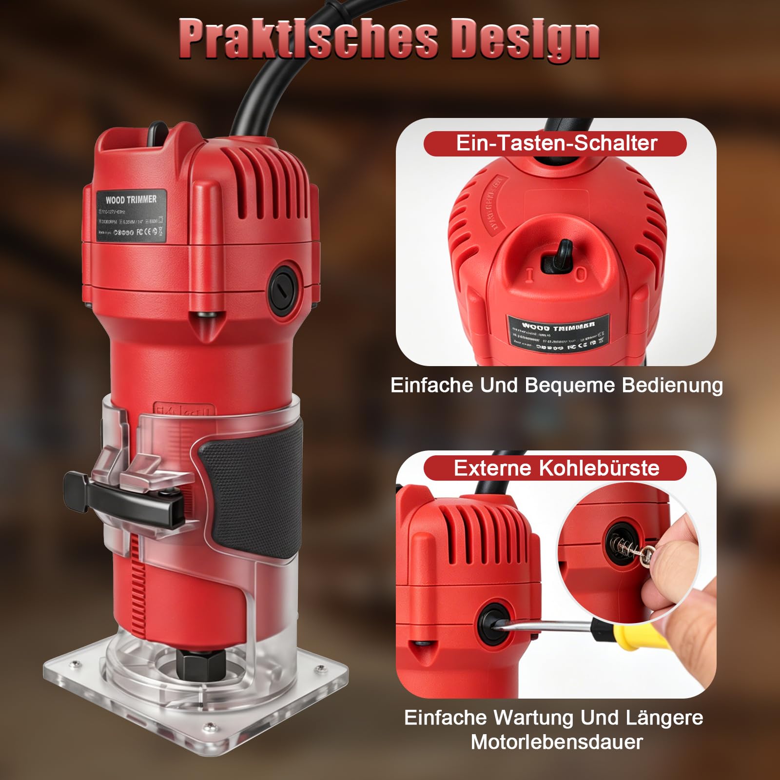 YEARTOP Kantenfräse Holz 800W, Oberfräse Set mit 6tlg. Fräsern in Holzbox, 31000 U/min Einhandfräse Elektro, Palstikbasis & Parallelanschlag Kopierführung für Holzbearbeitung Präzises Trimmen & Nuten