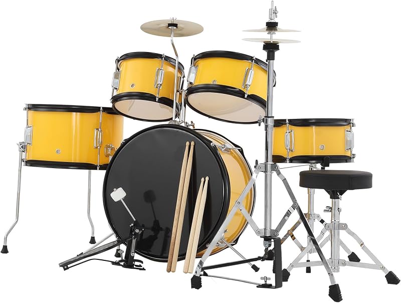 Senfot Drum Set 5-Piece for Beginners, AD-300 Kids Drum Kit with Bass Drum, Snare, Tom-Toms, Cymbals, Hi-Tone Drum, Stool, Pedal & Drum Sticks, Musical Instrument for Children (Yellow)