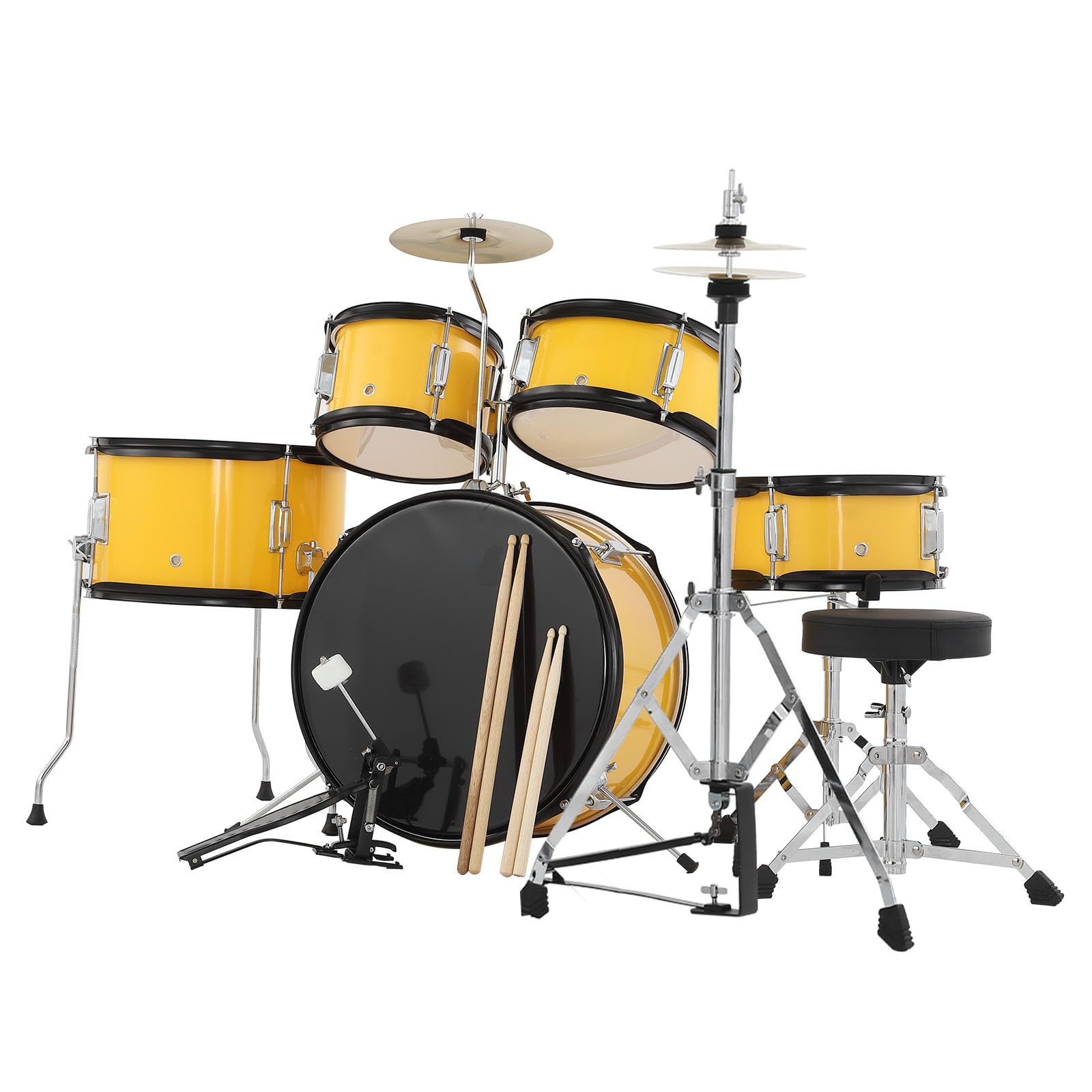Juego de batería infantil de 5 piezas con bombo, caja de 2 toms, platillo, taburete, taburete, baquetas y pedales, regalo musical para principiantes a partir de 4 años