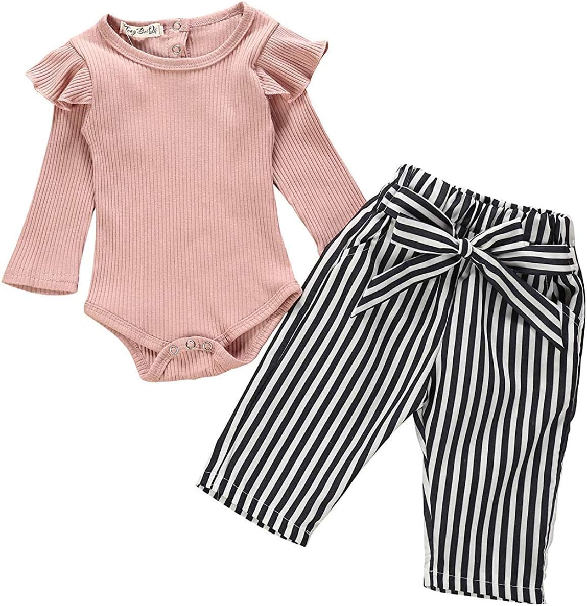 Baby Girls Clothes Newborn Ribbed Ruffled Romper Floral Bell Bottom Flare Pants 2 PCS Outfit Set