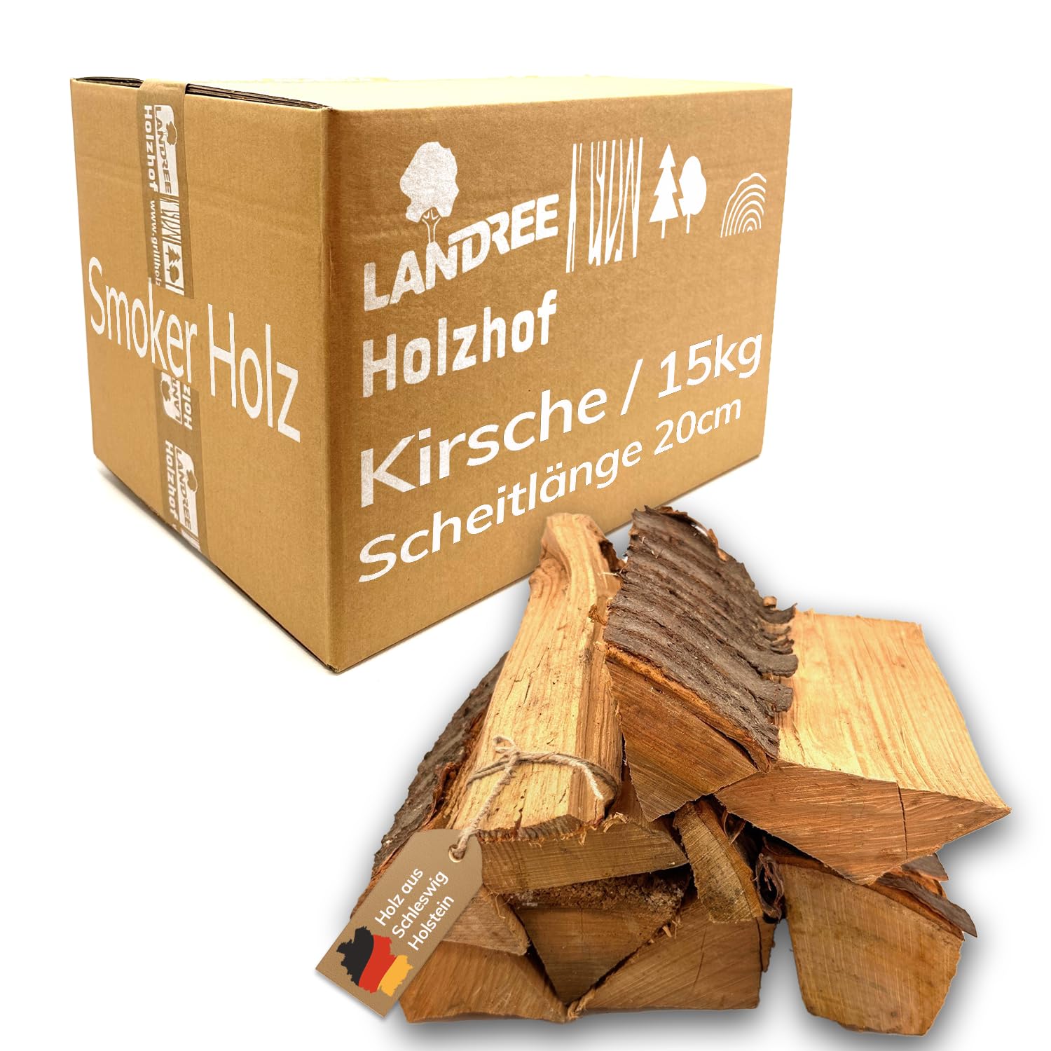 Landree Kirsche Smoker-Holz 15 kg - 20 cm Scheitlänge - Süßlich-fruchtiges Räucherholz, naturbelassen für Exquisite BBQ-Aromen, Qualität aus Schleswig Holstein