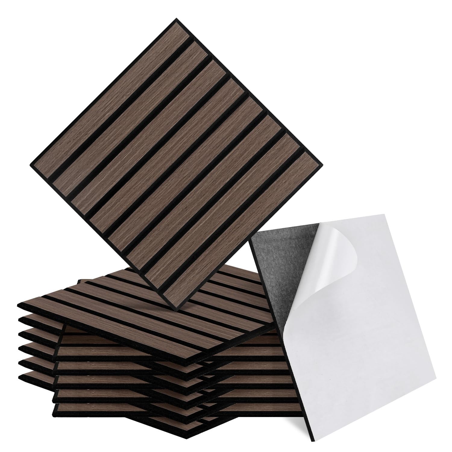 12er Set Akustikpaneele Holzoptik Wandpaneele Selbstklebende,Bohrfrei & Leicht Recyceltes Filz,Wandverkleidung als Schallschutz & Schalldämmung Akustikplatten 30x30 cm,Walnuss