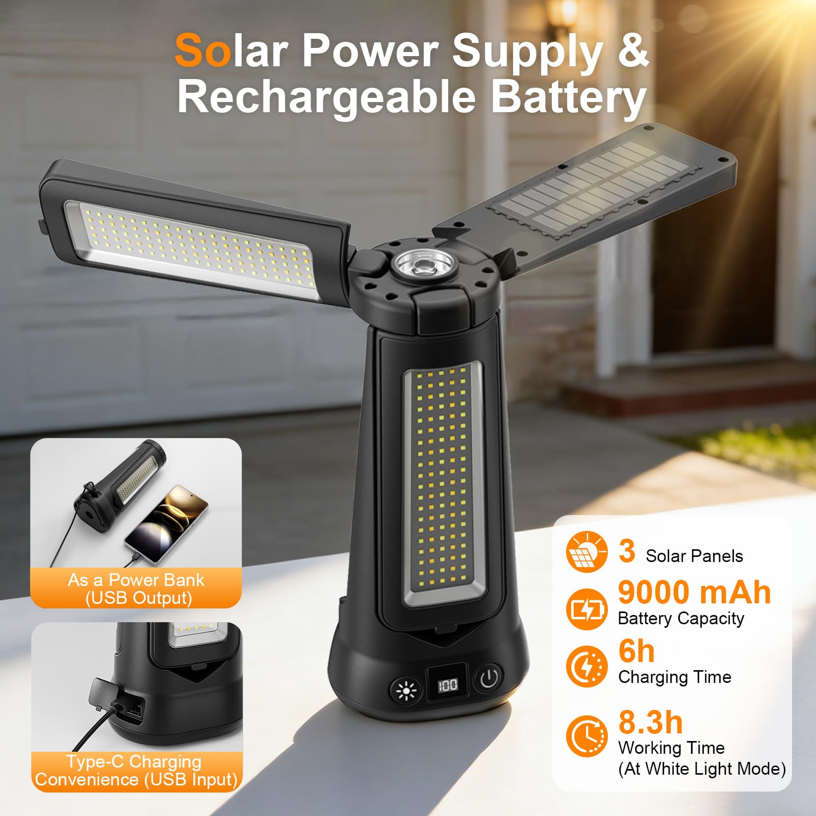 Faro LED Ricaricabile con Telecomando e Treppiede Telescopico（79,5 in), 9000LM Ultra Luminoso Faretto a Batteria,3+1 Teste Luminose, 9000 mAh, Faro da Cantiere per Officine Sport Campeggio Emergenze