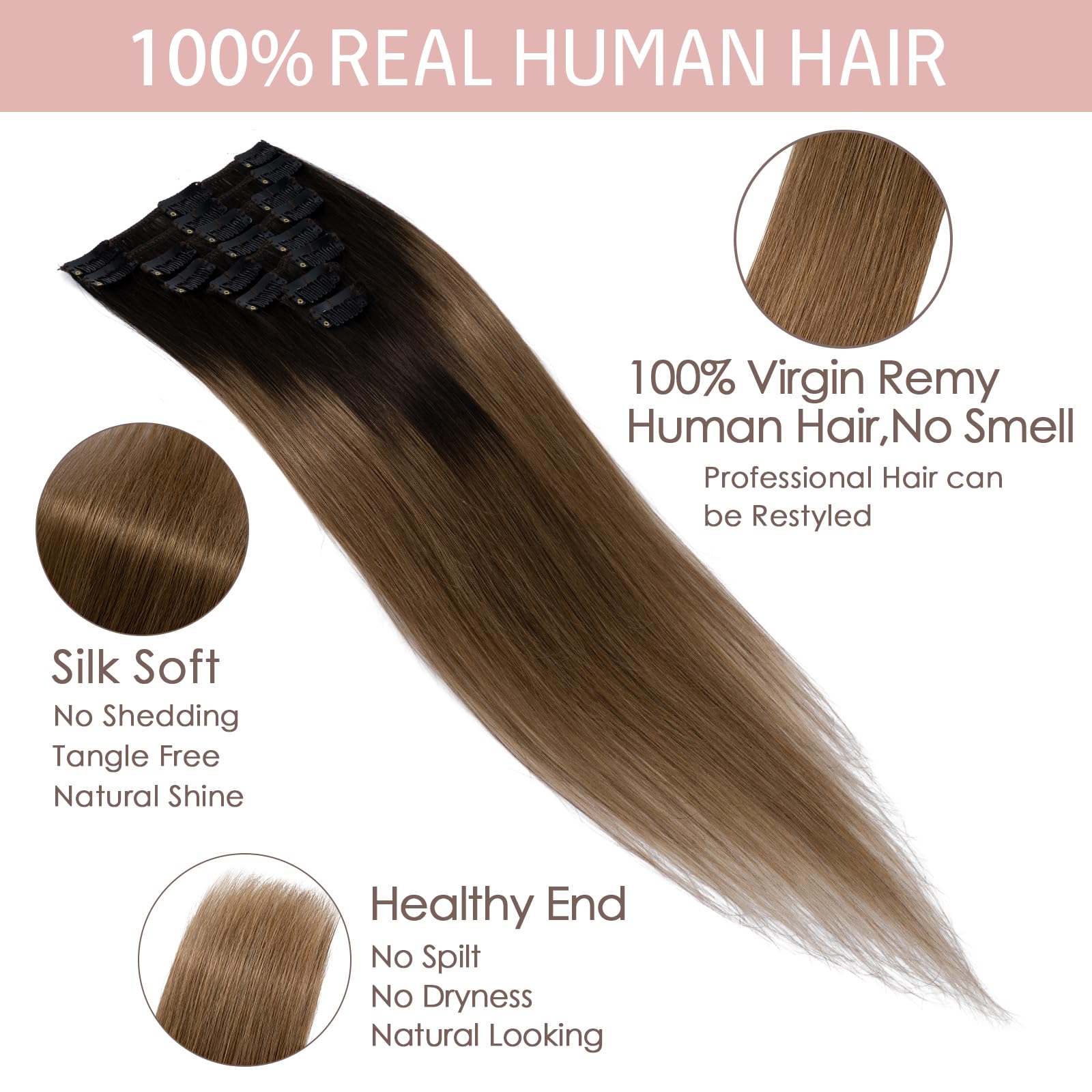Silk-co Clip in Hair Extensions Real Human Hair 100% Remy Silky Soft Straight Hair Extension #2/6 Dark Brown Ombre Light Brown Basic Thickness-Thin Weft 8 PCS 16inch-65g - Image 4