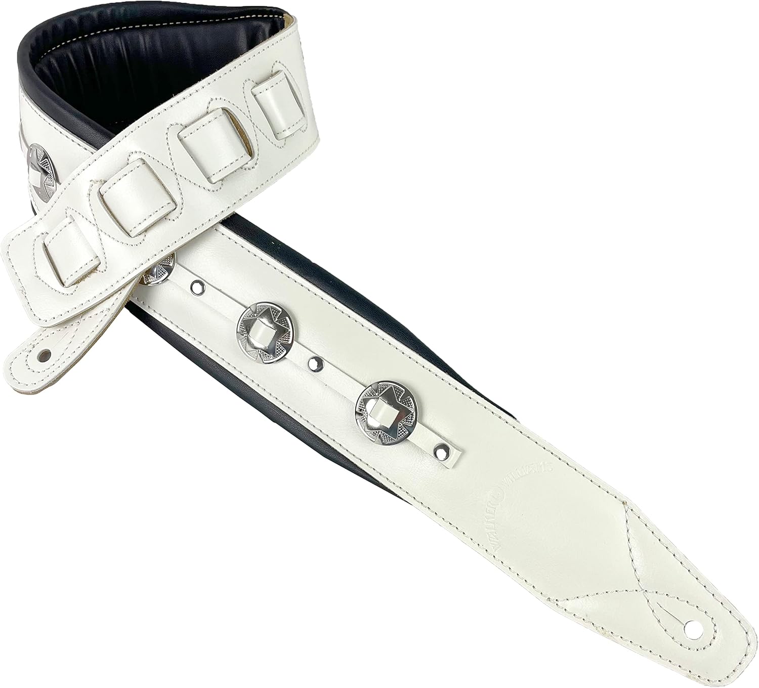 Walker & Williams C-44-WHT Aged White Premium Grain Leather Padded Guitar Strap 3" Wide With Nickel Conchos For Acoustic, Electric, And Bass Guitars