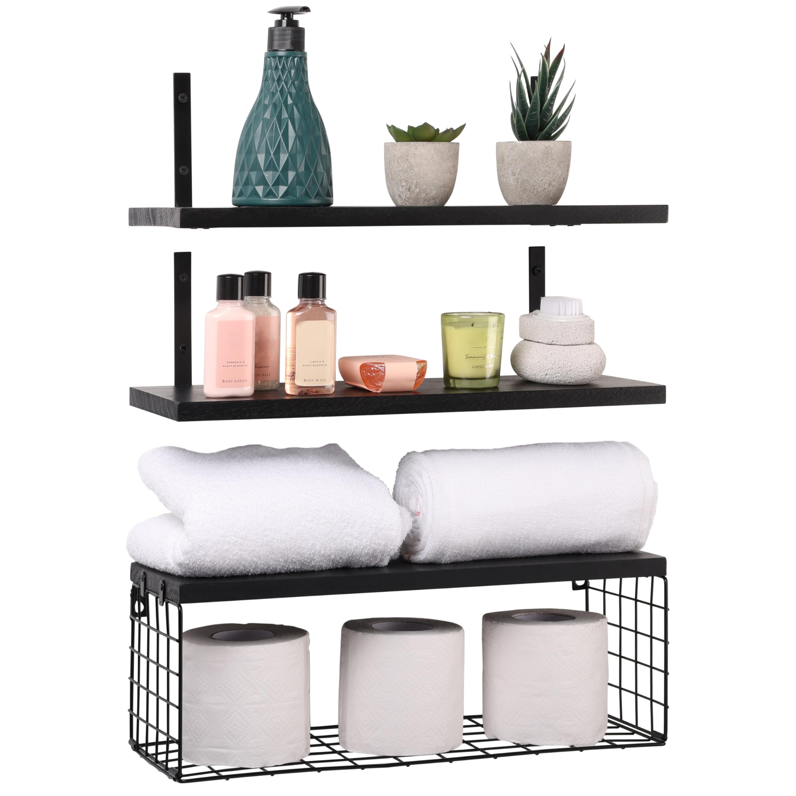 BELLE VOUS Pack de 3 Estante Flotante Negro - 42 cm de Largo - Balda Flotante de Pared - Estilo Rústico con Cesta - Entrepaños de Madera para Dormitorio, Sala de Estar, Cocina, Baño u Oficina
