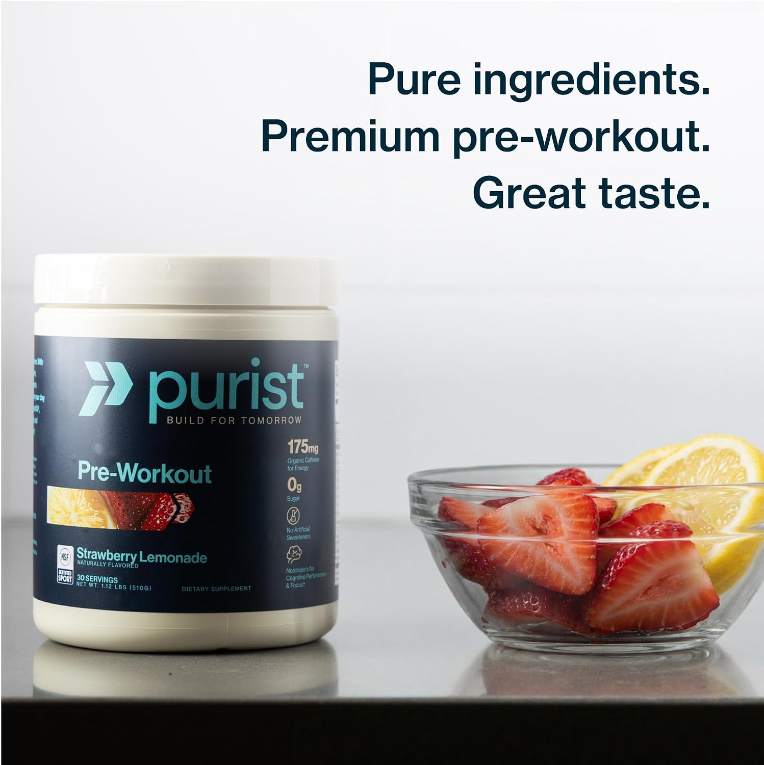 PURIST Pre-Workout Powder | Citrulline, Beta Alanine, Natural Caffeine, Nootropics | Contains Stevia | Sugar Free, NSF Certified | Men & Women, Busy Parents | 30 Servings (Strawberry Lemonade)