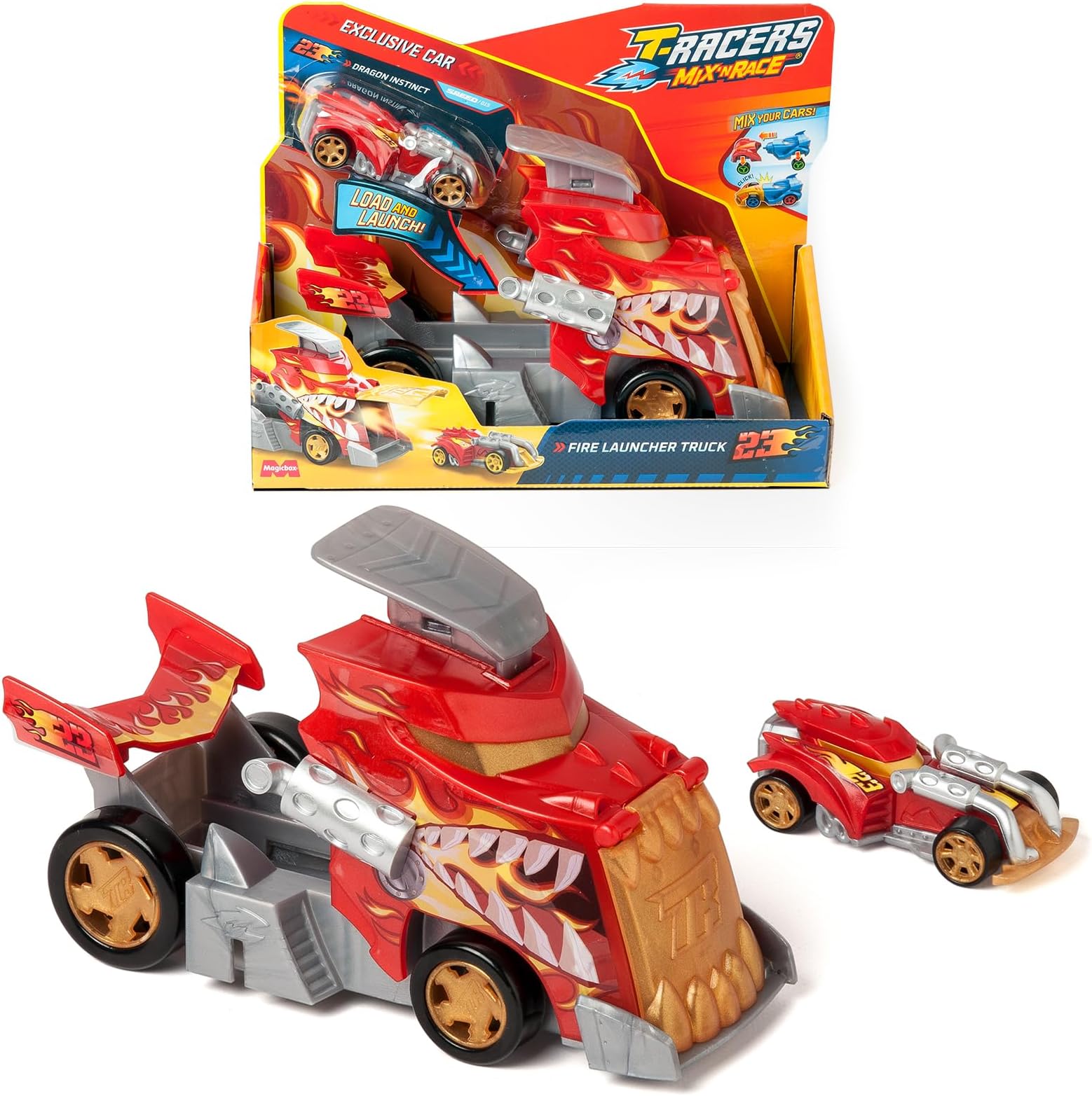 MIX´N RACE Fire Launcher Truck – Launcher truck with fire details. Includes 1 exclusive T-Racers vehicle - press the trigger to launch. Compatible with other T-Racers Mix ´N Race