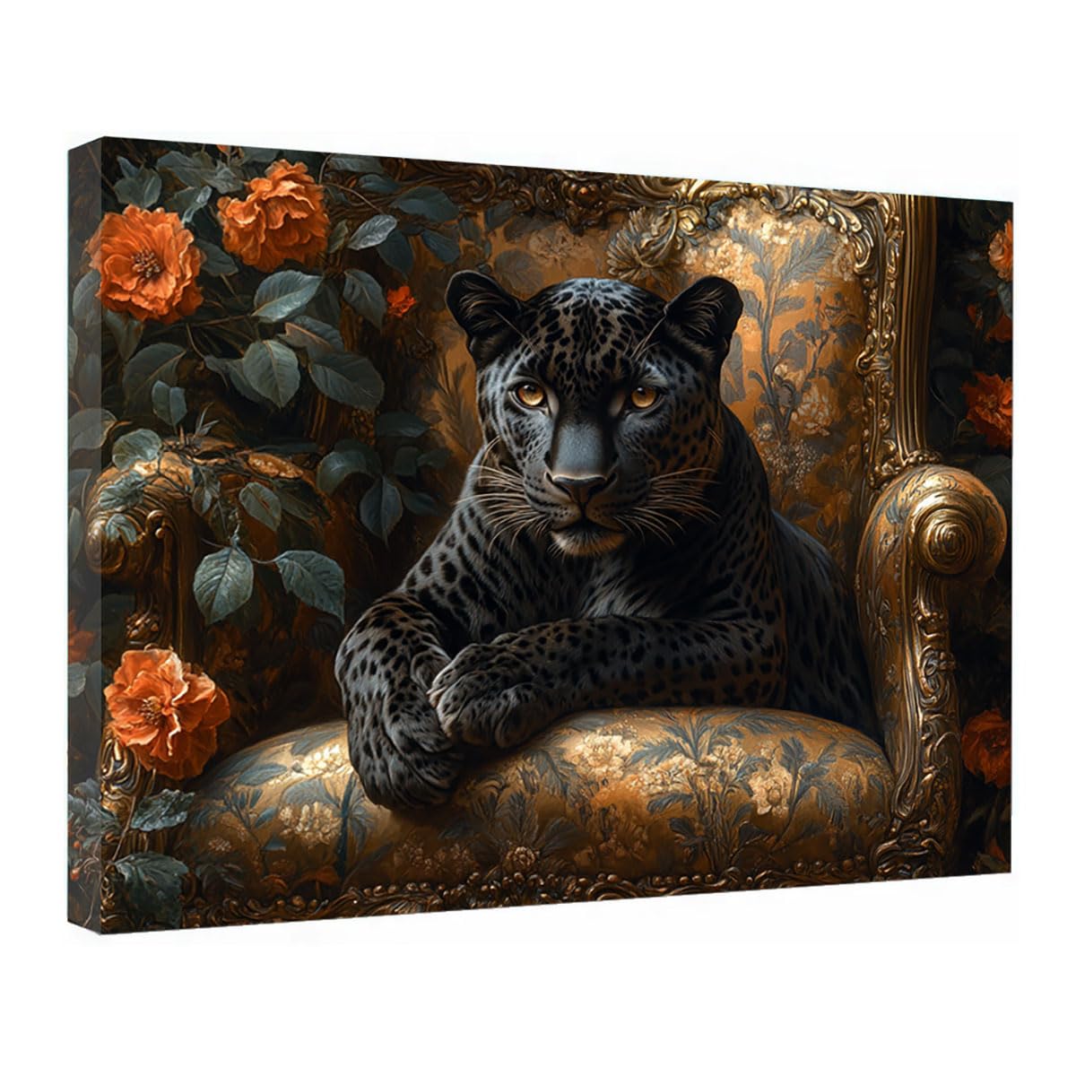 TZKRWRH Cheetah Wall Art Print, Panther Picture Panther And Orange Blooms Mid Century Retro Design, Minimalist Painting Poster Wild Animal Art Bedroom Canvas(Black 87)-70x100cm Framed